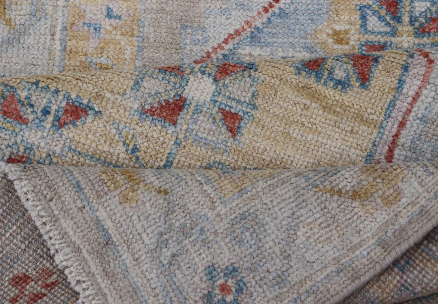 Hand - Knotted Floral Medallion Oushak Runner in Blue and Yellow This piece showcases brilliant medallions encasing star - like motifs in yellow, coral, orange, light blue, and cream. The border displays a yellow band between a cream background.... - Keivan Woven ArtsAWR - 6116 - 20013Rug