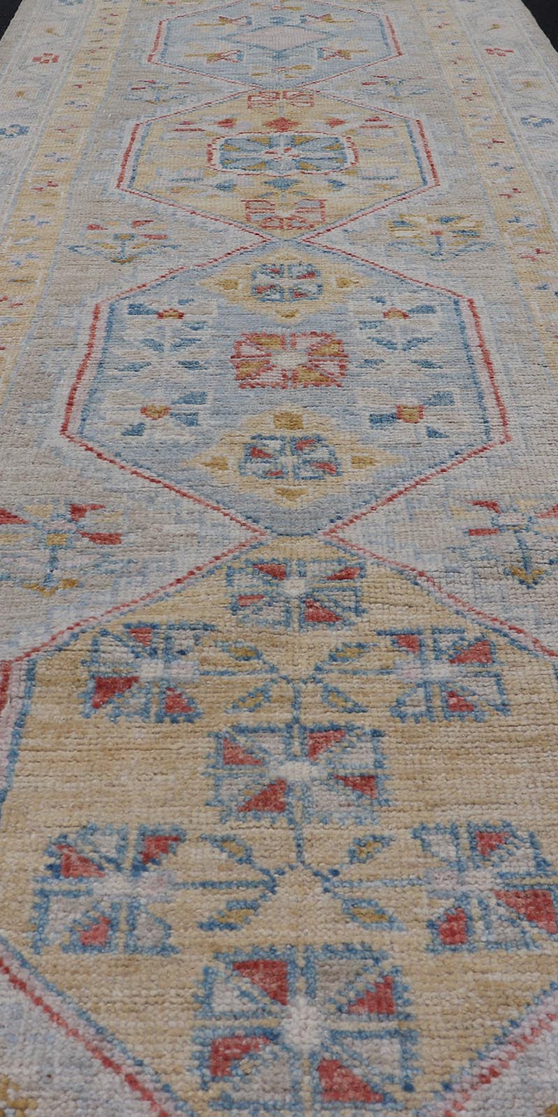 Hand - Knotted Medallion Oushak Design Runner featuring Faded Yellow and Blue's This piece showcases brilliant medallions encasing motifs in buttery yellow, light blue, cream, and shades of blue. The border displays a yellow guard border with a cr... - Keivan Woven ArtsAWR - 6117 - 20019Rug