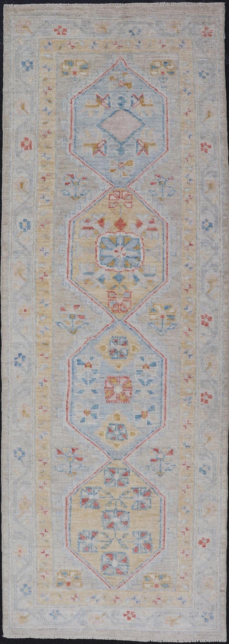 Hand - Knotted Medallion Oushak Design Runner featuring Faded Yellow and Blue's This piece showcases brilliant medallions encasing motifs in buttery yellow, light blue, cream, and shades of blue. The border displays a yellow guard border with a cr... - Keivan Woven ArtsAWR - 6117 - 20019Rug