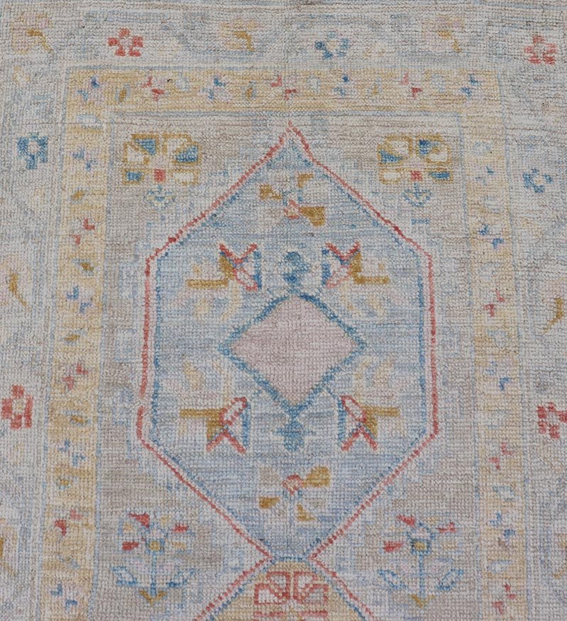 Hand - Knotted Medallion Oushak Design Runner featuring Faded Yellow and Blue's This piece showcases brilliant medallions encasing motifs in buttery yellow, light blue, cream, and shades of blue. The border displays a yellow guard border with a cr... - Keivan Woven ArtsAWR - 6117 - 20019Rug