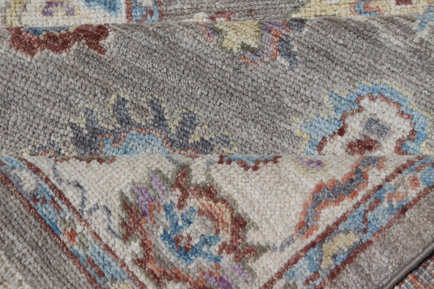 Hand - Knotted Modern Oushak Runner on Light Gray Field and Colorful Motifs This Oushak runner has been hand - knotted. The arabesque motifs scatter atop a light gray background. Within the field, bright displays of gold, teal, blue, pink, maroon, ... - Keivan Woven ArtsAWR - 6196 - 19899Rug