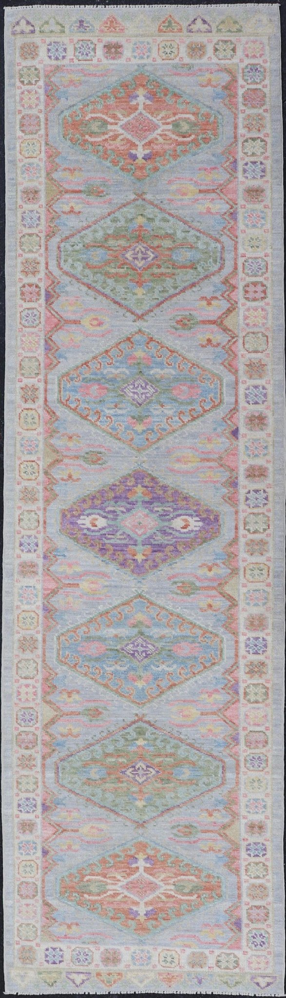 Colorful Modern Oushak Runner with Diamond Medallions and Multi - Tier Border This charismatic runner features star medallions on a double - lined border, and larger diamond medallions in the field. Each medallion boasting the craftsmanship of ... - Keivan Woven ArtsAWR - 6299 - 20043Rug