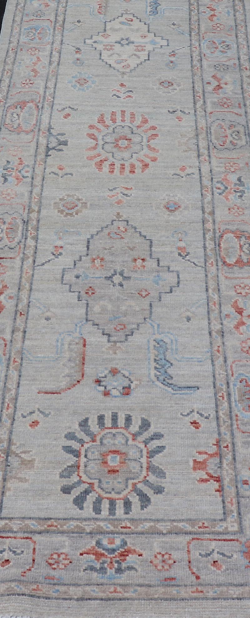 Hand Knotted Modern Oushak With Coral and Blue Motifs on Light Gray Background Hand - knotted Oushak runner fearing bright coral and blue tribal and floral motifs on a cool gray background. Measures: 2'5 x 11'7 Keivan Woven Arts: r... - Keivan Woven ArtsAWR - 6361 - 20067Rug