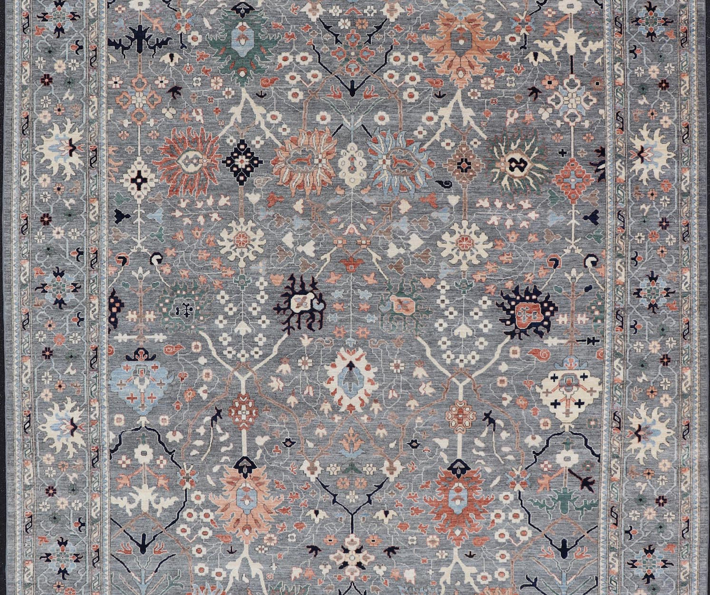 Large Afghan All - Over Designed Oushak with Gray Background and Bright Motifs This large Oushak was hand knotted in Afghanistan. Known for their floral - inspired motifs, this piece has a more modern feel with bright corals, pinks, greens and ... - Keivan Woven ArtsAWR - 6519 - 19917Rug