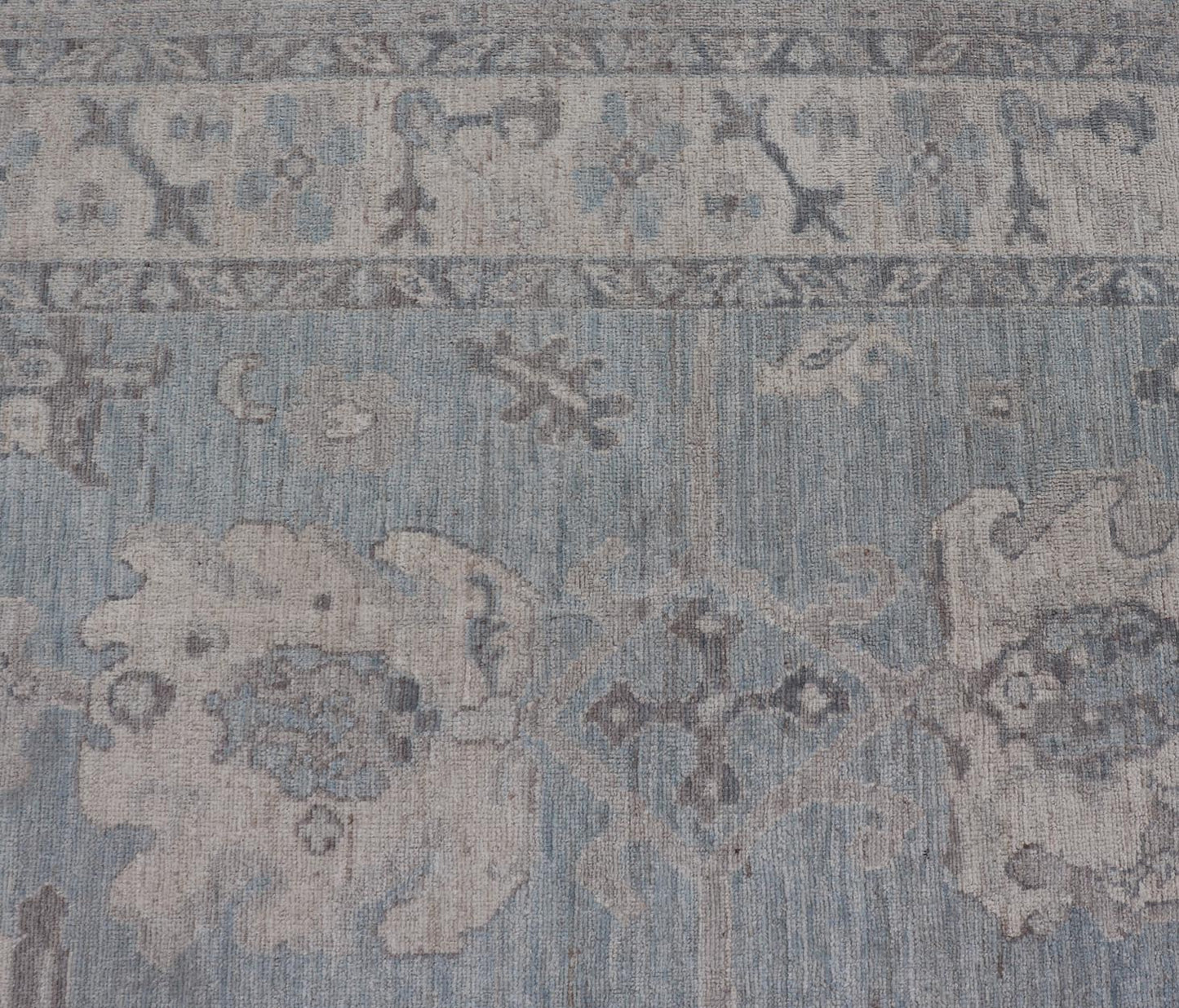 Modern Oushak with Floral and Tribal Motifs with Cream, Gray and Powder Blue. Keivan Woven Arts; rug AWR - 8234 Country of Origin: Afghanistan Type: Oushak Design: Floral, All - Over Abstract - Tribal 21st Century Measures: 9'11 x 13'10 This moder... - Keivan Woven ArtsAWR - 8234 - 21227Rug