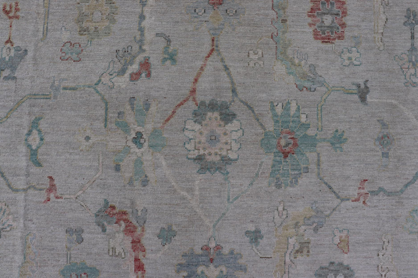 Large Modern Oushak with floral design on light blue/gray border with pops of color. Keivan Woven Arts; rug AWR - 9004 Country of Origin: Afghanistan Type: Oushak Design: Mosaic Floral, All - Over. 21st century. Measures: 10'1 x 13'10. The fi... - Keivan Woven ArtsAWR - 9004 - 21311Rug