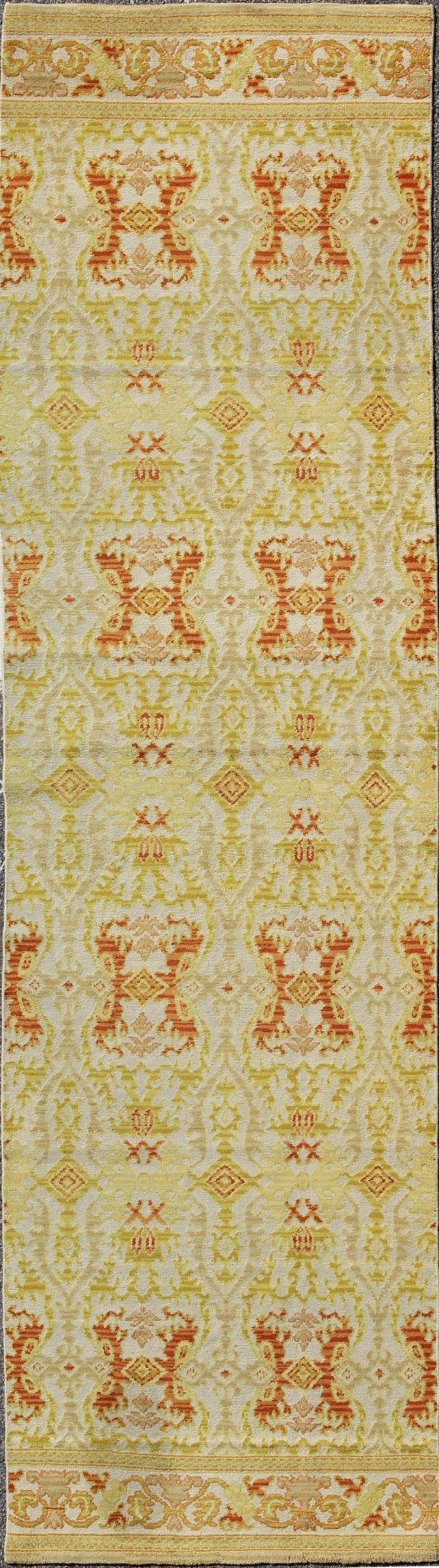 Green, Yellow, Orange Antique Spanish Runner Fragment of a Larger Antique Rug. Green, yellow, orange antique Spanish runner feat. in Atlanta homes and lifestyles, rug B - 0304 - B, country of origin / type: Spain / Spanish, circa 1920 Measur... - Keivan Woven ArtsB - 0304 - A - 1496Rug