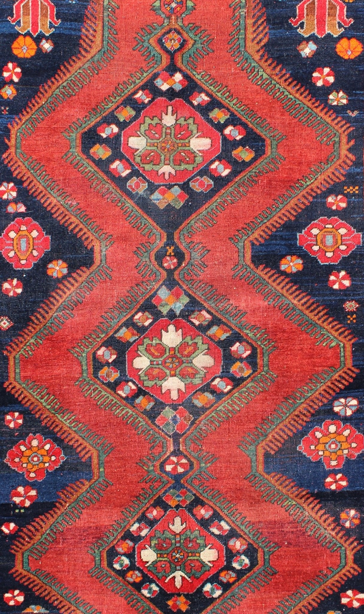 Keivan Woven Arts Antique Caucasian Karabagh Rug in Red, navy Blue With Geometric Medallions Geometric design antique Caucasian Karabagh tribal rug, rug / B - 0501. Caucasian rug This antique Kurdish piece features an tribal geometric pattern w... - Keivan Woven ArtsB - 0501 - 169Rug