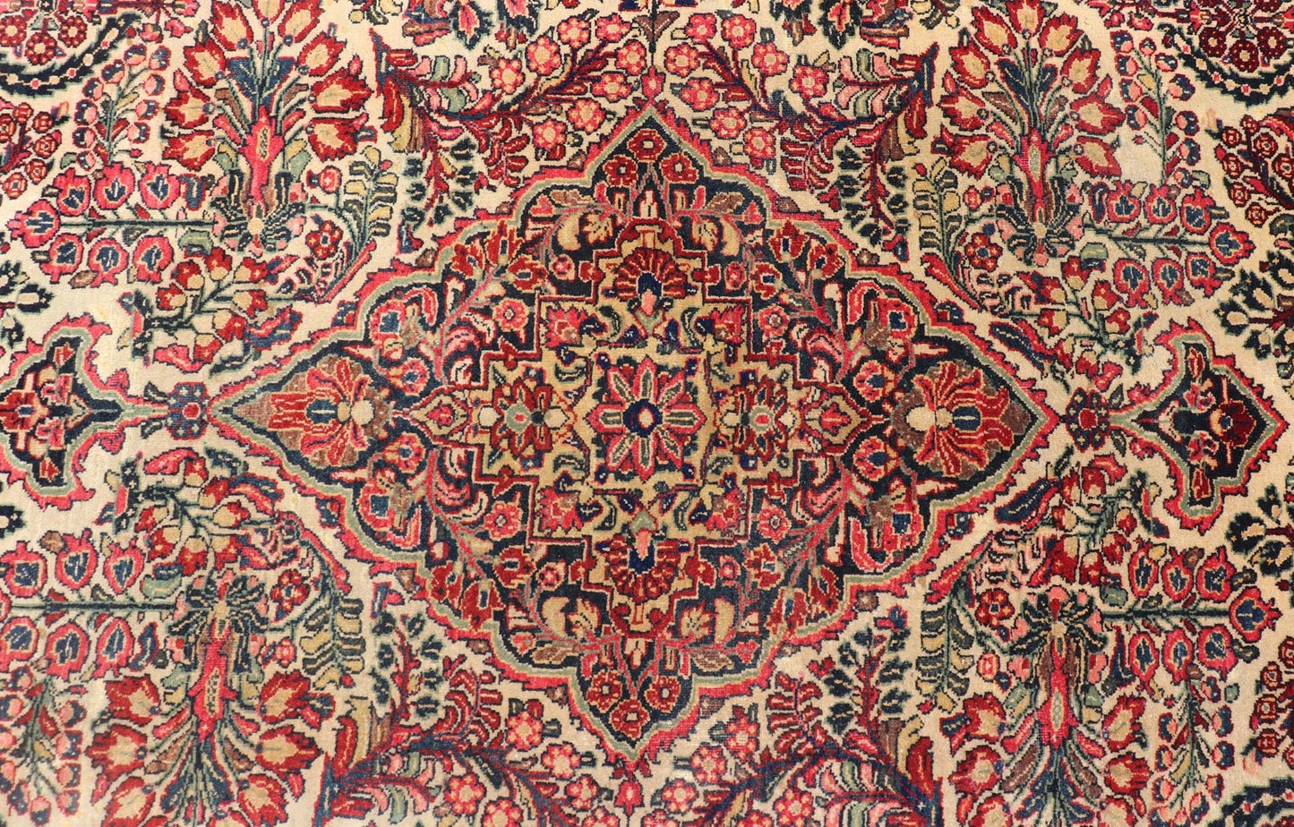 Antique Sarouk Feraghan Fine Persian Rug in Ivory Background on Floral Medallion Design. Country of Origin: Iran; Type: Feraghan Sarouk; Design: Medallion, All - Over; Keivan Woven Arts: rug B - 0718; Antique Persian Sarouk Farahan Rug, Antique Feraghan Sa... - Keivan Woven ArtsB - 0718 - 217Rug