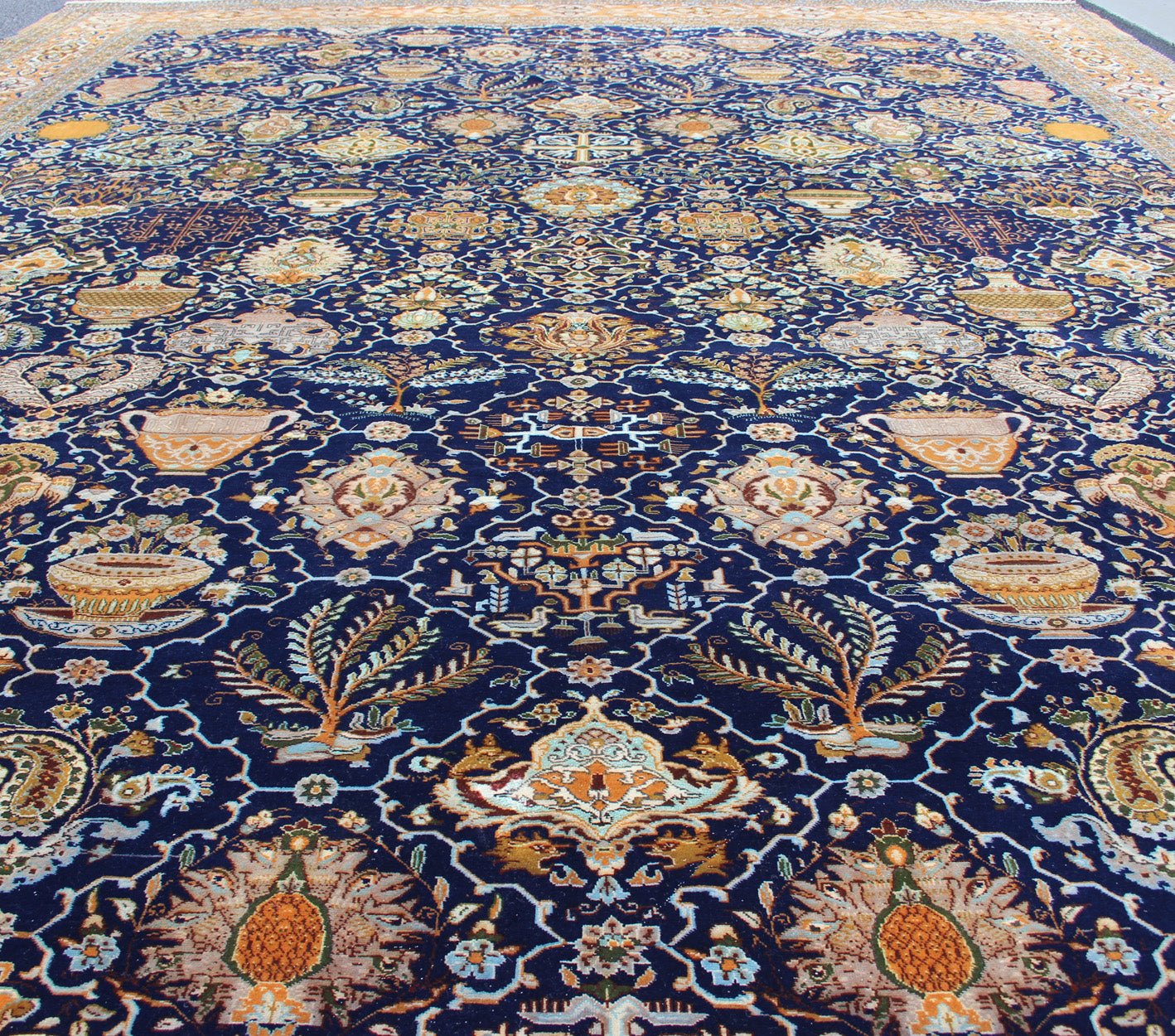 Blue background Persian Tabriz carpet with intricate floral elements, rug BC - 200599, country of origin / type: Iran / Tabriz, circa 1900 This outstanding antique Persian Tabriz carpet is primarily characterized by its classical composition. This... - Keivan Woven ArtsBC - 200599 - 12849Rug