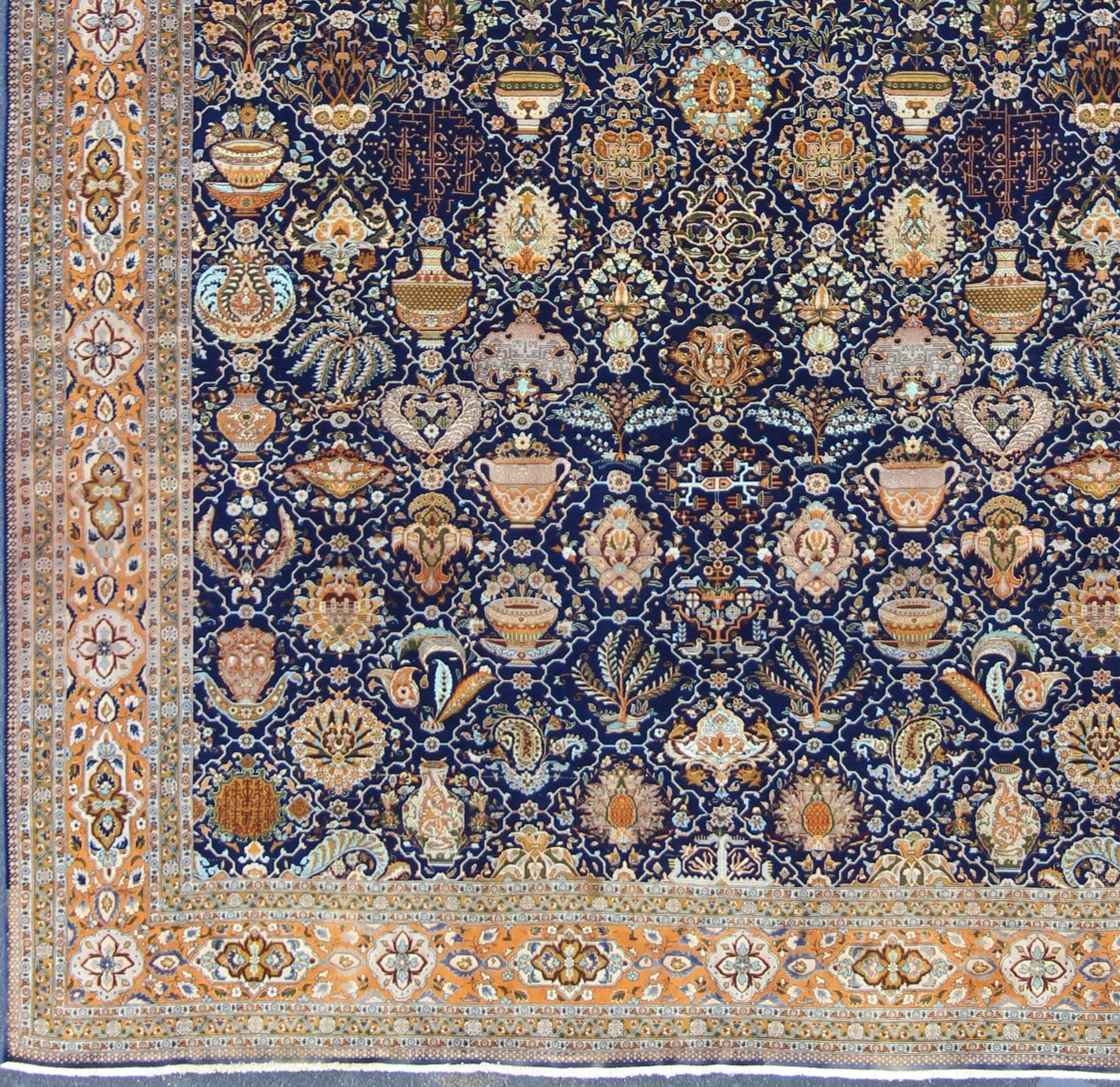 Blue background Persian Tabriz carpet with intricate floral elements, rug BC - 200599, country of origin / type: Iran / Tabriz, circa 1900 This outstanding antique Persian Tabriz carpet is primarily characterized by its classical composition. This... - Keivan Woven ArtsBC - 200599 - 12849Rug