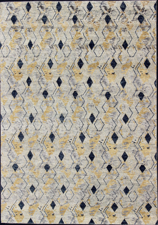 Hand Knotted Wool Modern Rug With Diamond Design in Yellow and Blue Measures 10'1 x 13'10 This modern rug features a blue and yellow diamond pattern, lining the entire rug in vertical columns. The background is a light gray, giving this piece... - Keivan Woven ArtsBDH - 757949 - RT - 18 - 13400Rug
