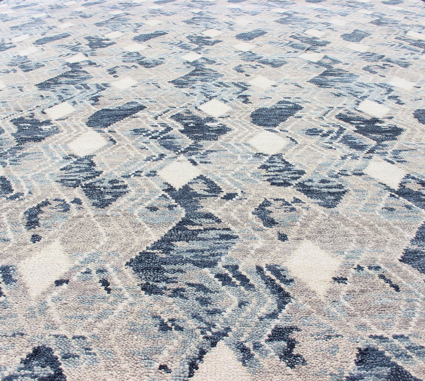Oversized Modern Diamond Designed Indian Area Rug in Blue, Gray, and White. Country of Origin: India; Type: Modern; Design: All - Over, Abstract, Sub - Geometric, Diamond; Keivan Woven Arts: rug BDH - 759039 - RT - 18. Measures: 12'1 x 14'11 This beautifu... - Keivan Woven ArtsBDH - 759039 - RT - 18 - 13412Rug