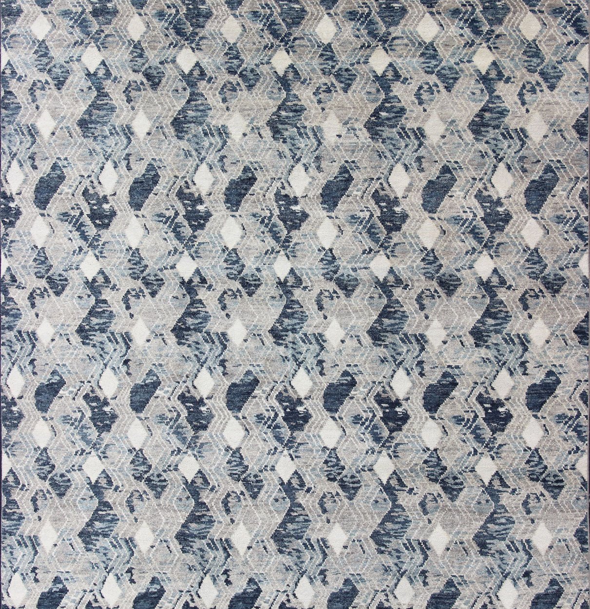 Oversized Modern Diamond Designed Indian Area Rug in Blue, Gray, and White. Country of Origin: India; Type: Modern; Design: All - Over, Abstract, Sub - Geometric, Diamond; Keivan Woven Arts: rug BDH - 759039 - RT - 18. Measures: 12'1 x 14'11 This beautifu... - Keivan Woven ArtsBDH - 759039 - RT - 18 - 13412Rug