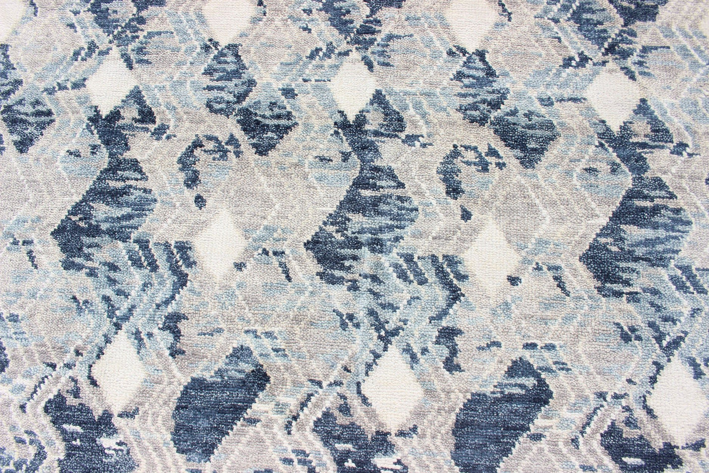 Oversized Modern Diamond Designed Indian Area Rug in Blue, Gray, and White. Country of Origin: India; Type: Modern; Design: All - Over, Abstract, Sub - Geometric, Diamond; Keivan Woven Arts: rug BDH - 759039 - RT - 18. Measures: 12'1 x 14'11 This beautifu... - Keivan Woven ArtsBDH - 759039 - RT - 18 - 13412Rug