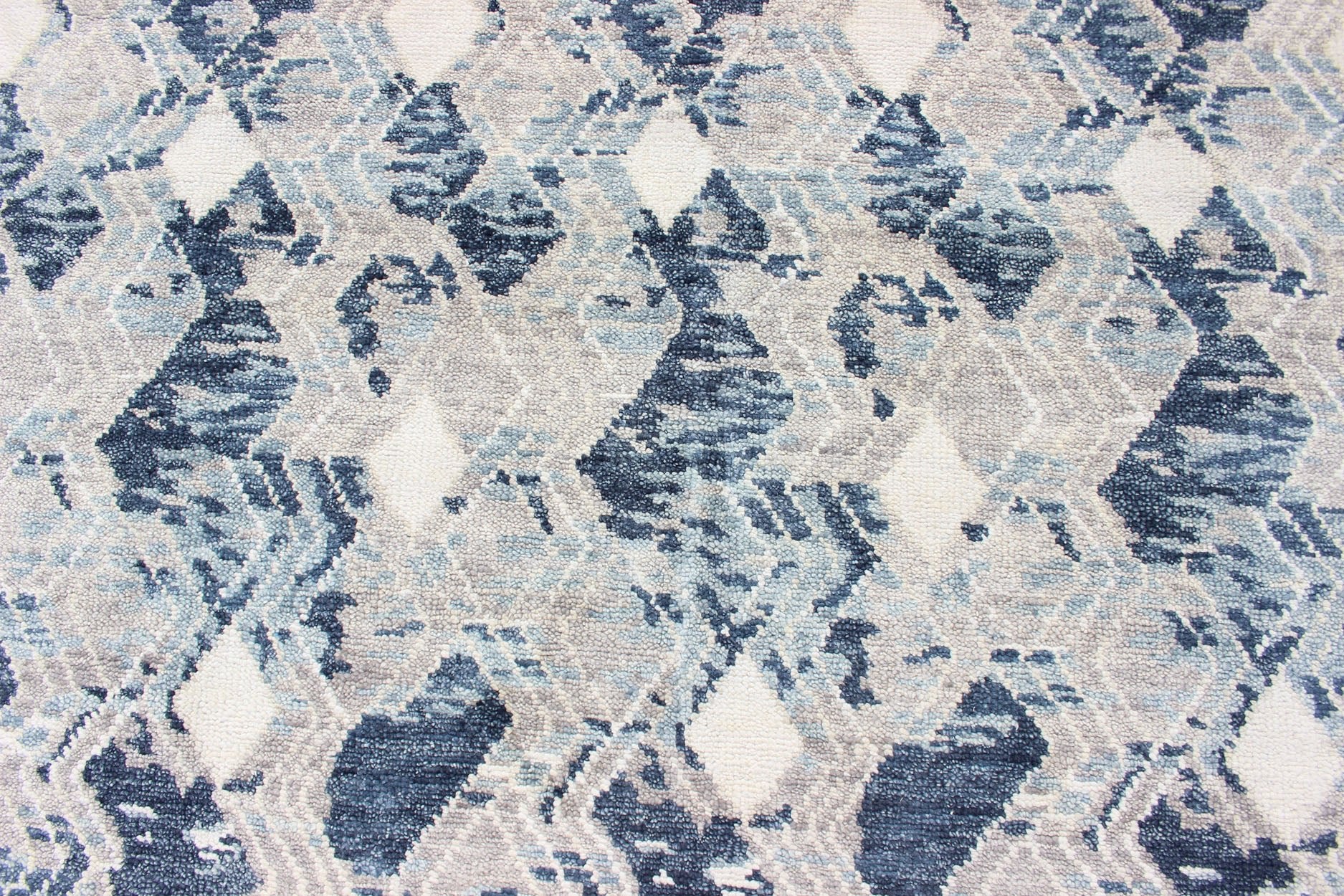 Oversized Modern Diamond Designed Indian Area Rug in Blue, Gray, and White. Country of Origin: India; Type: Modern; Design: All - Over, Abstract, Sub - Geometric, Diamond; Keivan Woven Arts: rug BDH - 759039 - RT - 18. Measures: 12'1 x 14'11 This beautifu... - Keivan Woven ArtsBDH - 759039 - RT - 18 - 13412Rug