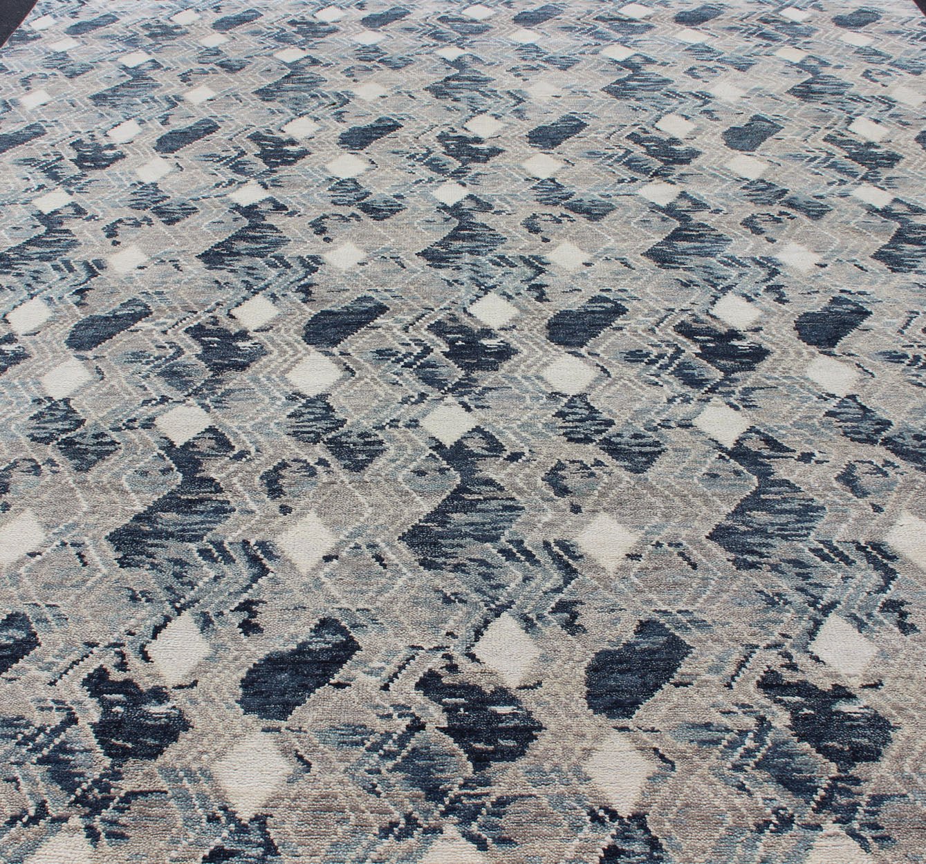 Oversized Modern Diamond Designed Indian Area Rug in Blue, Gray, and White. Country of Origin: India; Type: Modern; Design: All - Over, Abstract, Sub - Geometric, Diamond; Keivan Woven Arts: rug BDH - 759039 - RT - 18. Measures: 12'1 x 14'11 This beautifu... - Keivan Woven ArtsBDH - 759039 - RT - 18 - 13412Rug