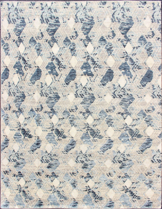 Large Modern Hand Knotted Indian Area Rug in Blue's, Gray, and White Measures 9'0 x 12'0 Country of Origin: India; Type: Modern; Design: All - Over, Abstract, Sub - Geometric, Diamond; Keivan Woven Arts: rug BDH - 764179; Large Modern Indian ... - Keivan Woven ArtsBDH - 764179 - RT - 18 - 13428Rug