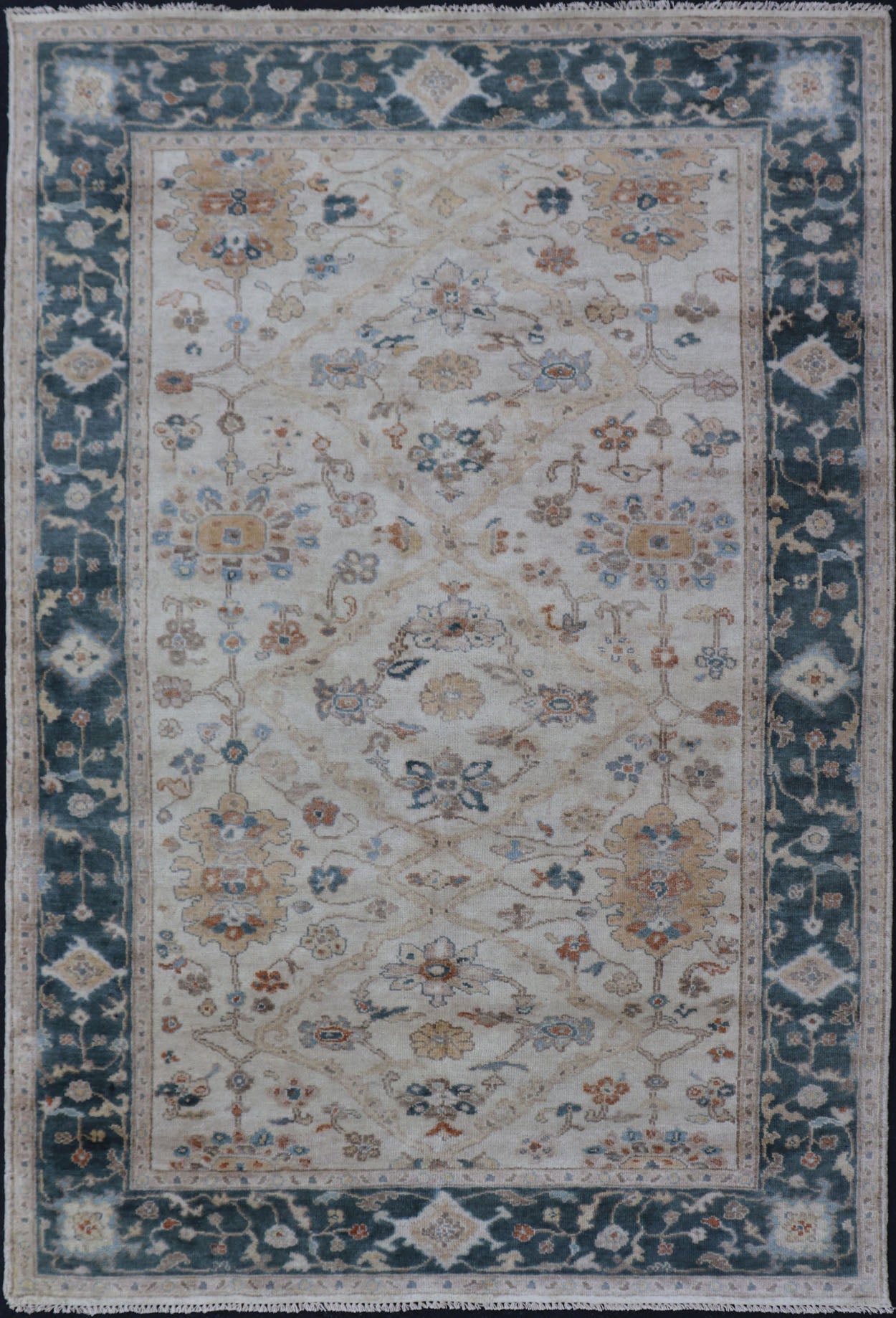 Indian Wool Hand - Knotted Floral Oushak Rug in Navy Blue and White Measures 5'7x 8'8 Country of Origin: India; Type: Oushak; Design: All - Over, Floral; Keivan Woven Arts: rug BDH - 767432; Indian Wool Hand - Knotted Floral Oushak in Nav... - Keivan Woven ArtsBDH - 767432 - 15298Rug