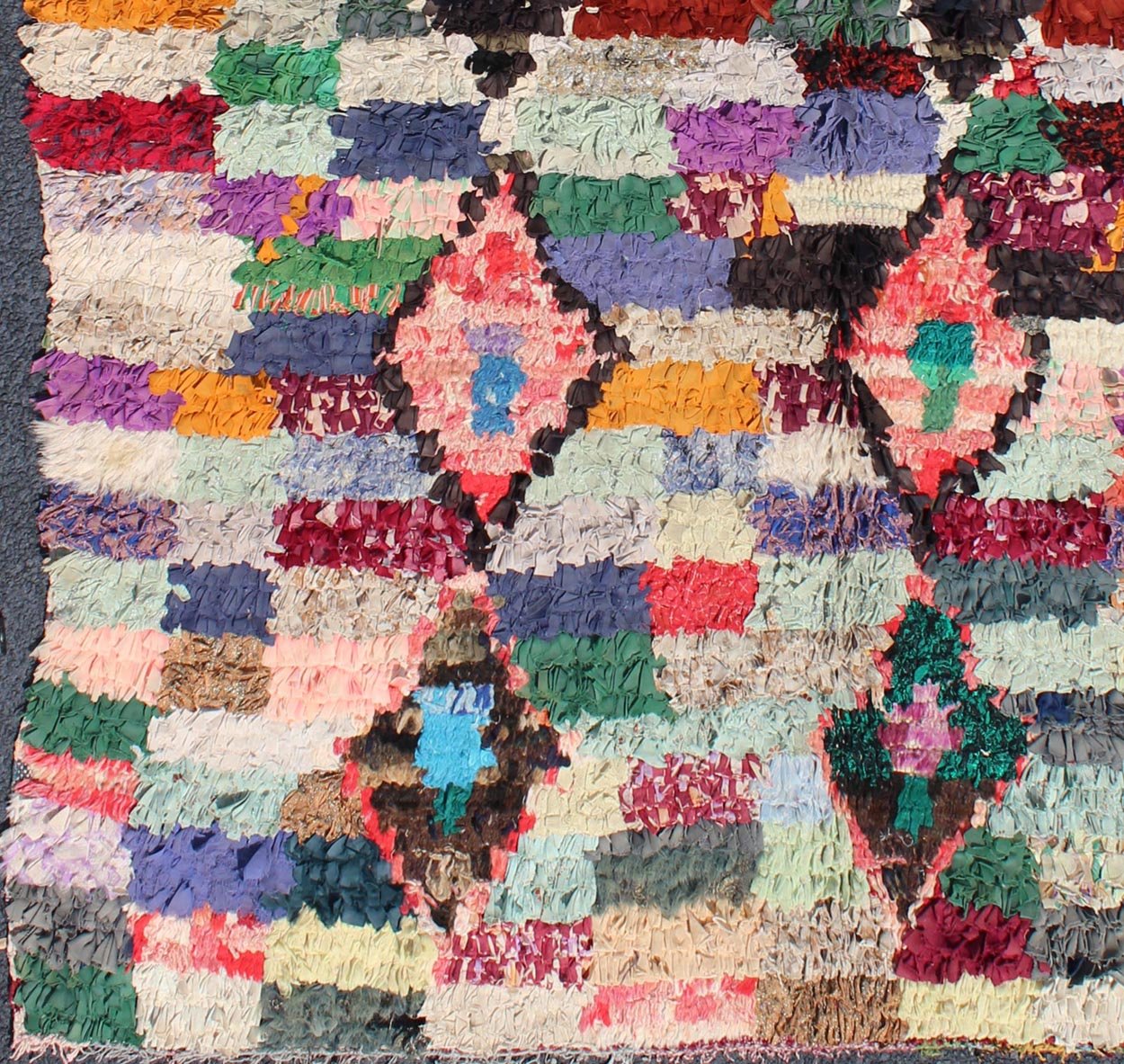 Colorful vintage Moroccan Boucharouette rug with Diamond and Checkered Design. Measures: 5'2 x 6'7. Vintage Boucharouette Moroccan Rug with Diamond and Checkered Design Multi Colors. Rendered in diamond shapes with a spotted and speckled assor... - Keivan Woven ArtsBDS - 103 - 5223Rug