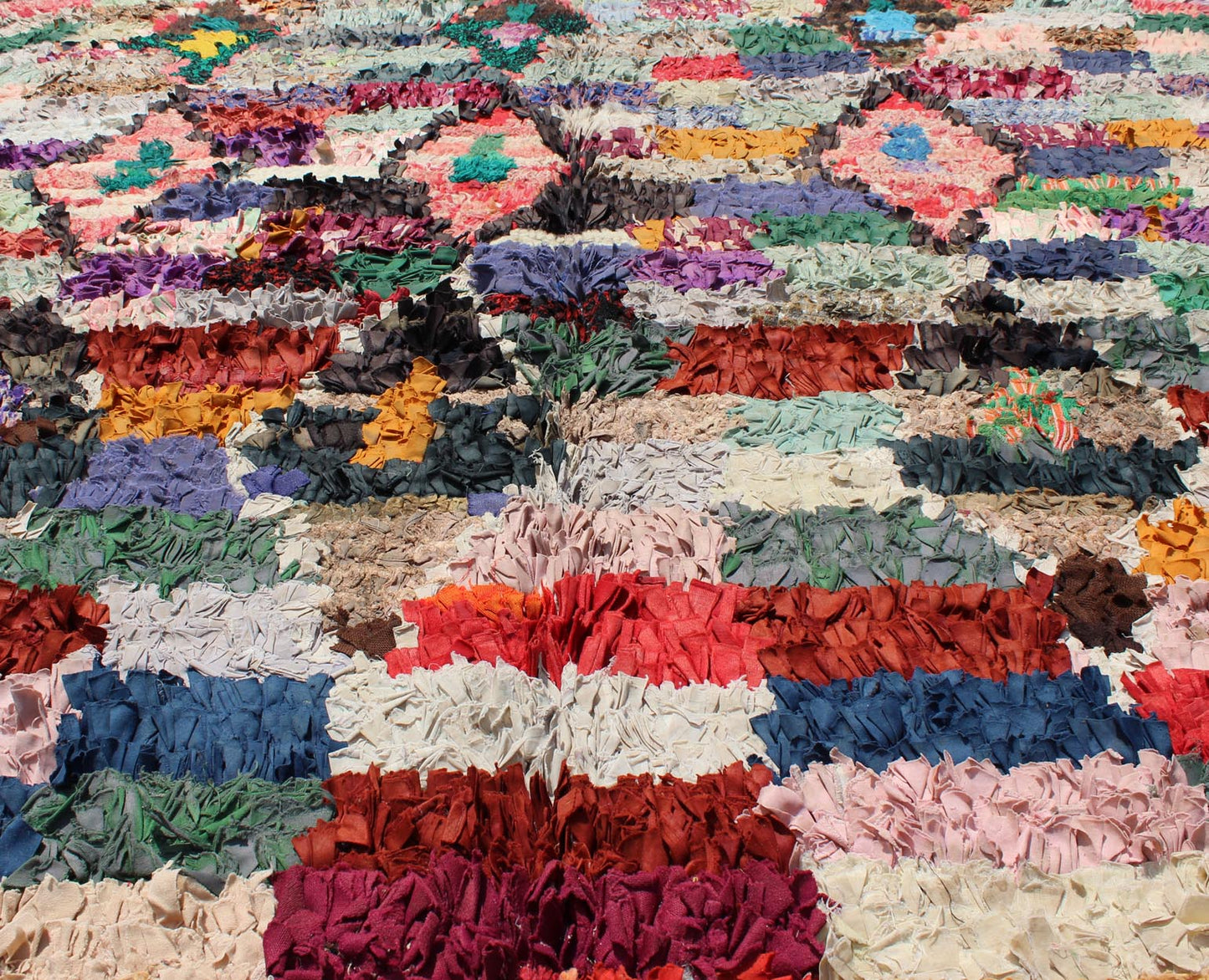 Colorful vintage Moroccan Boucharouette rug with Diamond and Checkered Design. Measures: 5'2 x 6'7. Vintage Boucharouette Moroccan Rug with Diamond and Checkered Design Multi Colors. Rendered in diamond shapes with a spotted and speckled assor... - Keivan Woven ArtsBDS - 103 - 5223Rug