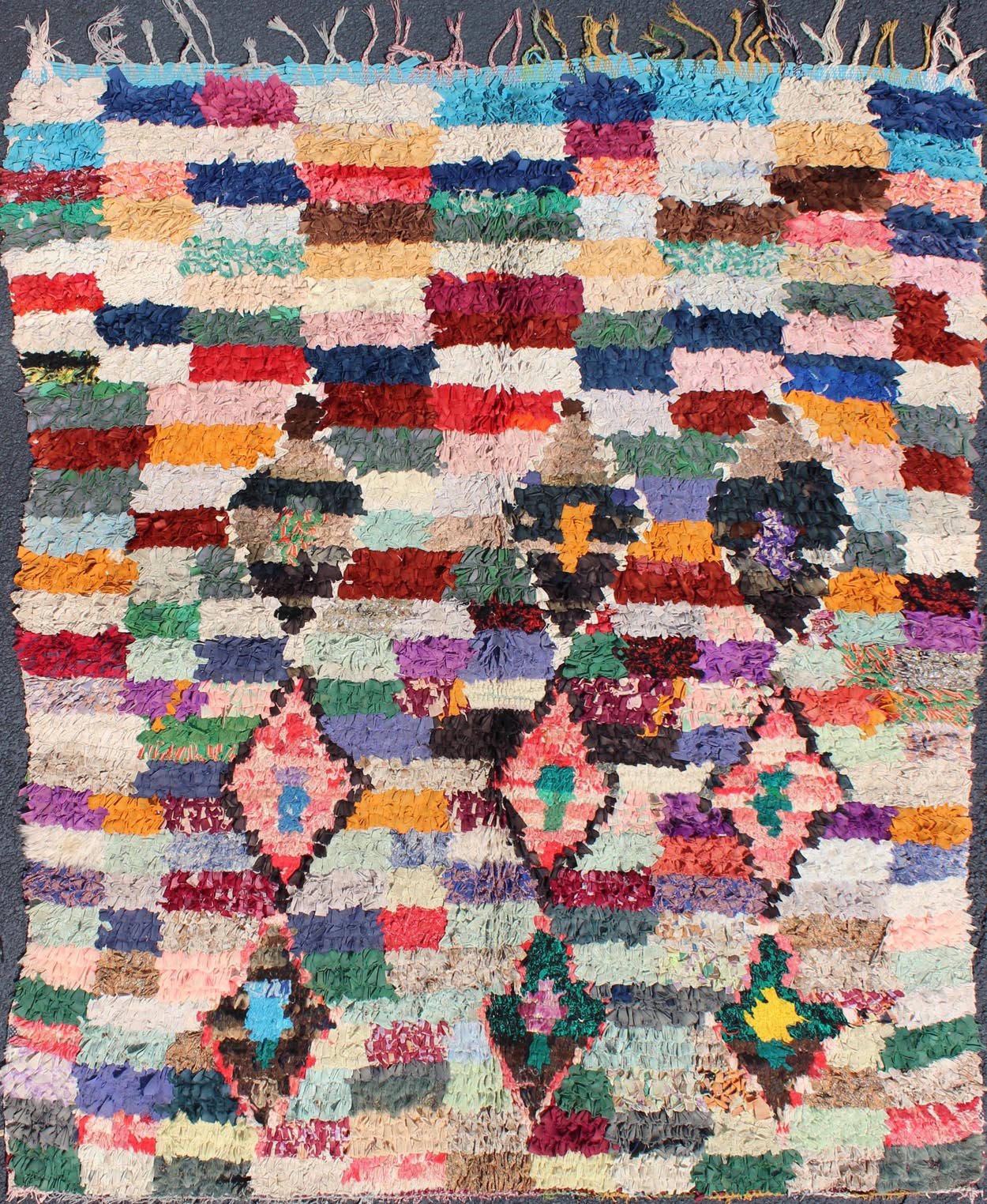 Colorful vintage Moroccan Boucharouette rug with Diamond and Checkered Design. Measures: 5'2 x 6'7. Vintage Boucharouette Moroccan Rug with Diamond and Checkered Design Multi Colors. Rendered in diamond shapes with a spotted and speckled assor... - Keivan Woven ArtsBDS - 103 - 5223Rug