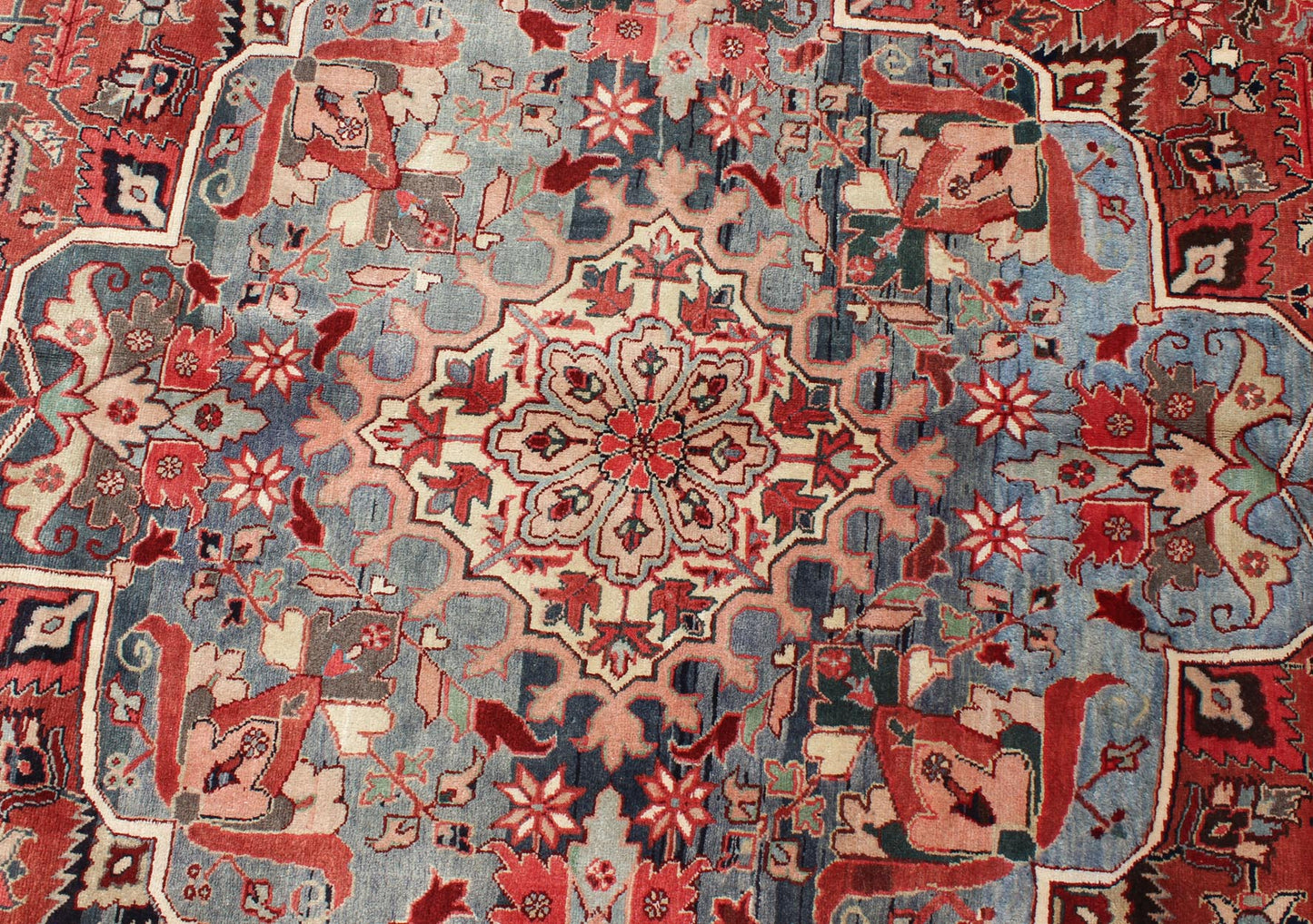 Persian Heriz - Serapi Vintage Rug with Geometric Design in Soft Colors. Large Heriz - Serapi Vintage Persian Rug with Geometric Design in Rust Red, Light Blue, yellow, and Multi colors. Keivan Woven Arts/ Rug/ BN, Country/type/ Persian Rug, Serapi ... - Keivan Woven ArtsBN - 1201Rug