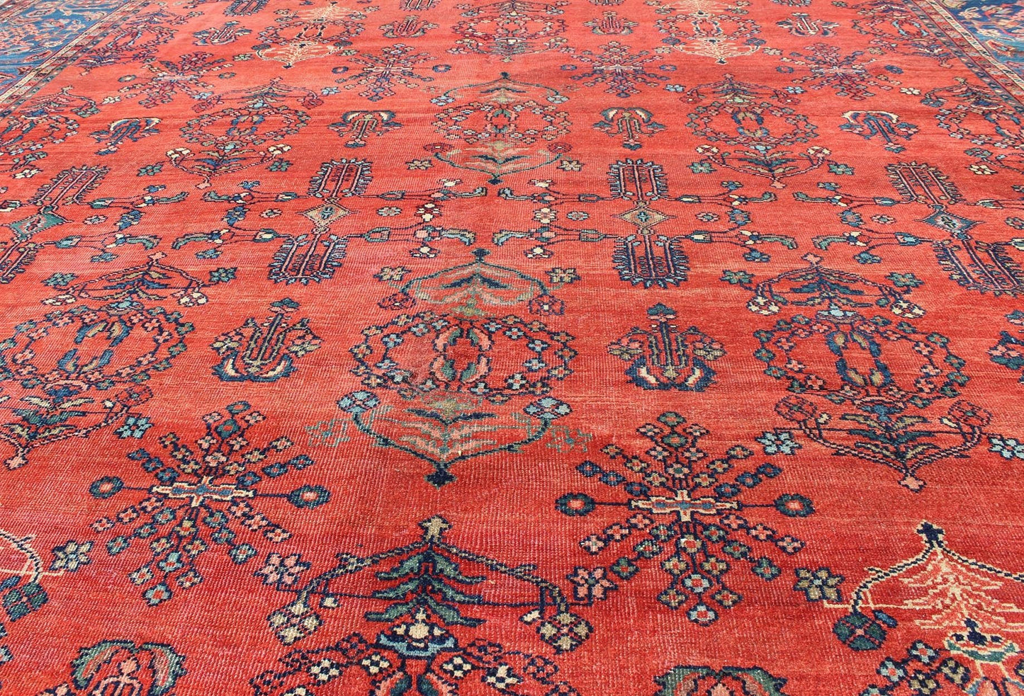Square - Sized Antique Persian Sultanabad Rug in Terracotta Red and Medium Blue. Keivan Woven Arts / Rug/ C - 0919, country of origin / type: Iran / Sultanabad, circa 1900. Measures: 10'7 x 11'9. This antique Persian Sultanabad from the turn of 20th... - Keivan Woven ArtsC - 0919 - 499Rug