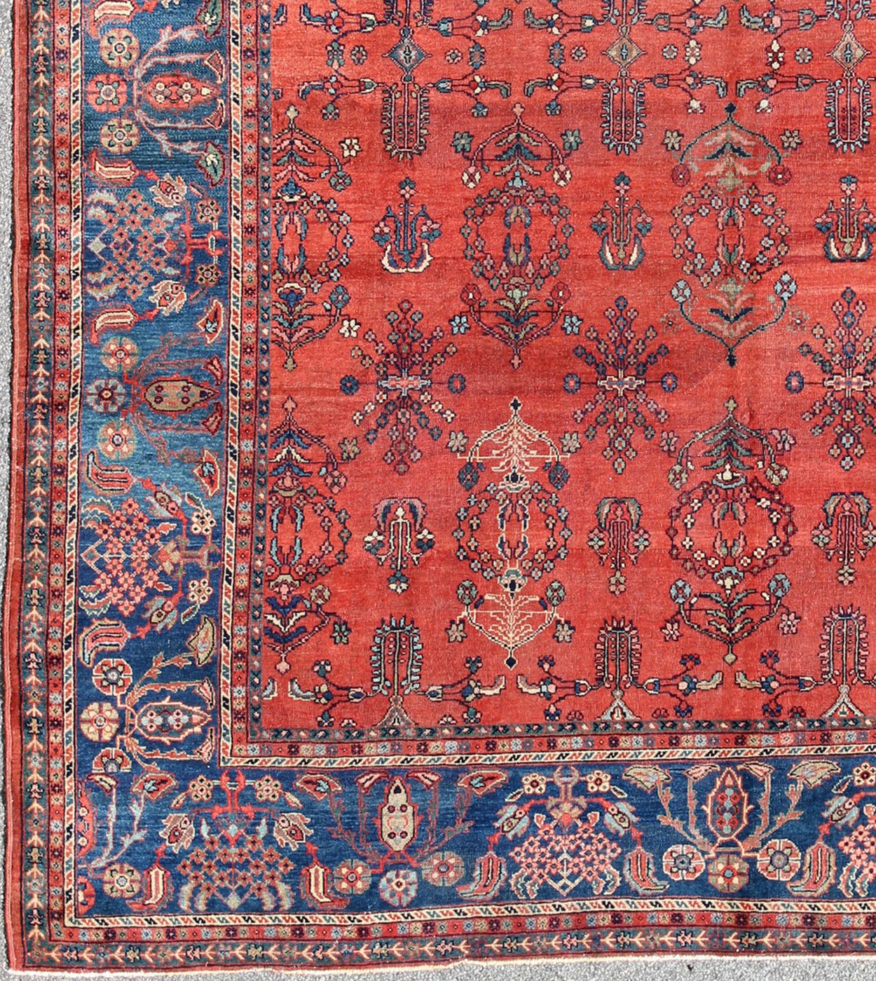 Square - Sized Antique Persian Sultanabad Rug in Terracotta Red and Medium Blue. Keivan Woven Arts / Rug/ C - 0919, country of origin / type: Iran / Sultanabad, circa 1900. Measures: 10'7 x 11'9. This antique Persian Sultanabad from the turn of 20th... - Keivan Woven ArtsC - 0919 - 499Rug