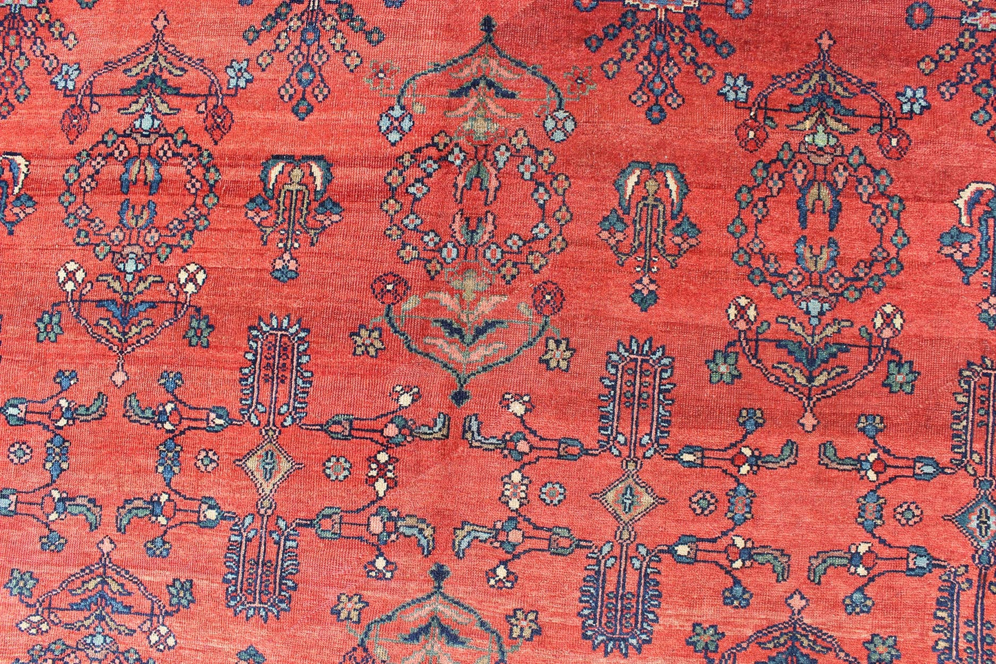 Square - Sized Antique Persian Sultanabad Rug in Terracotta Red and Medium Blue. Keivan Woven Arts / Rug/ C - 0919, country of origin / type: Iran / Sultanabad, circa 1900. Measures: 10'7 x 11'9. This antique Persian Sultanabad from the turn of 20th... - Keivan Woven ArtsC - 0919 - 499Rug