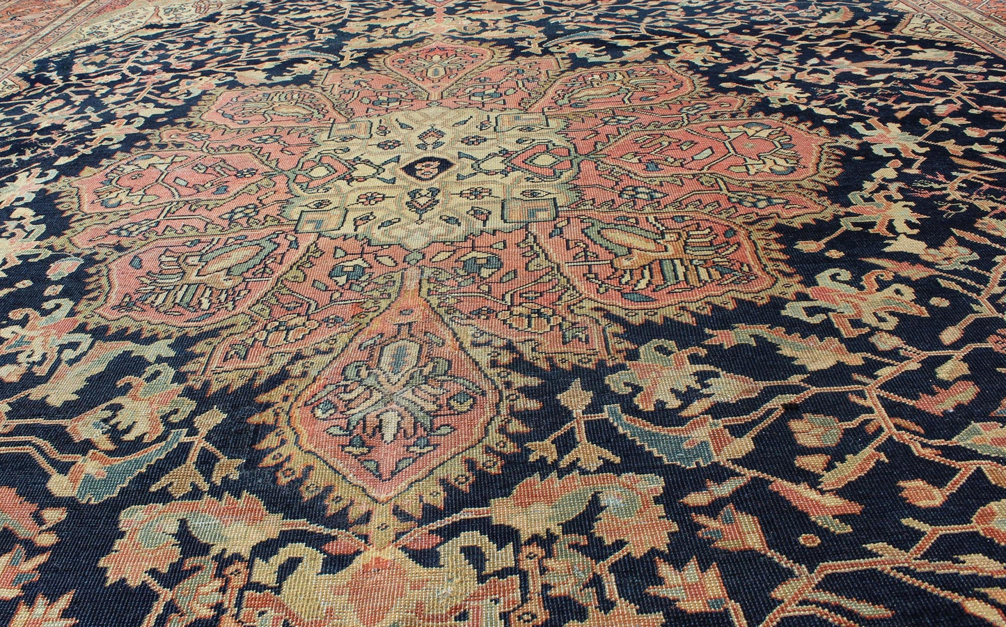 Antique Sarouk Farahan with Floral Motifs in Salmon, Green, Beige and Navy Blue. Keivan Woven Arts / rug / C - 1002, country of origin / type: Iran / Antique Persian Feraghan Sarouk , circa 1900. This outstanding antique Farahan Sarouk rug, from l... - Keivan Woven ArtsC - 1002 - 511Rug