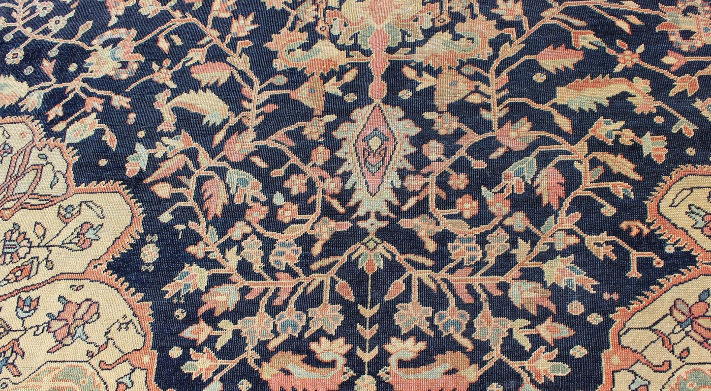 Antique Sarouk Farahan with Floral Motifs in Salmon, Green, Beige and Navy Blue. Keivan Woven Arts / rug / C - 1002, country of origin / type: Iran / Antique Persian Feraghan Sarouk , circa 1900. This outstanding antique Farahan Sarouk rug, from l... - Keivan Woven ArtsC - 1002 - 511Rug