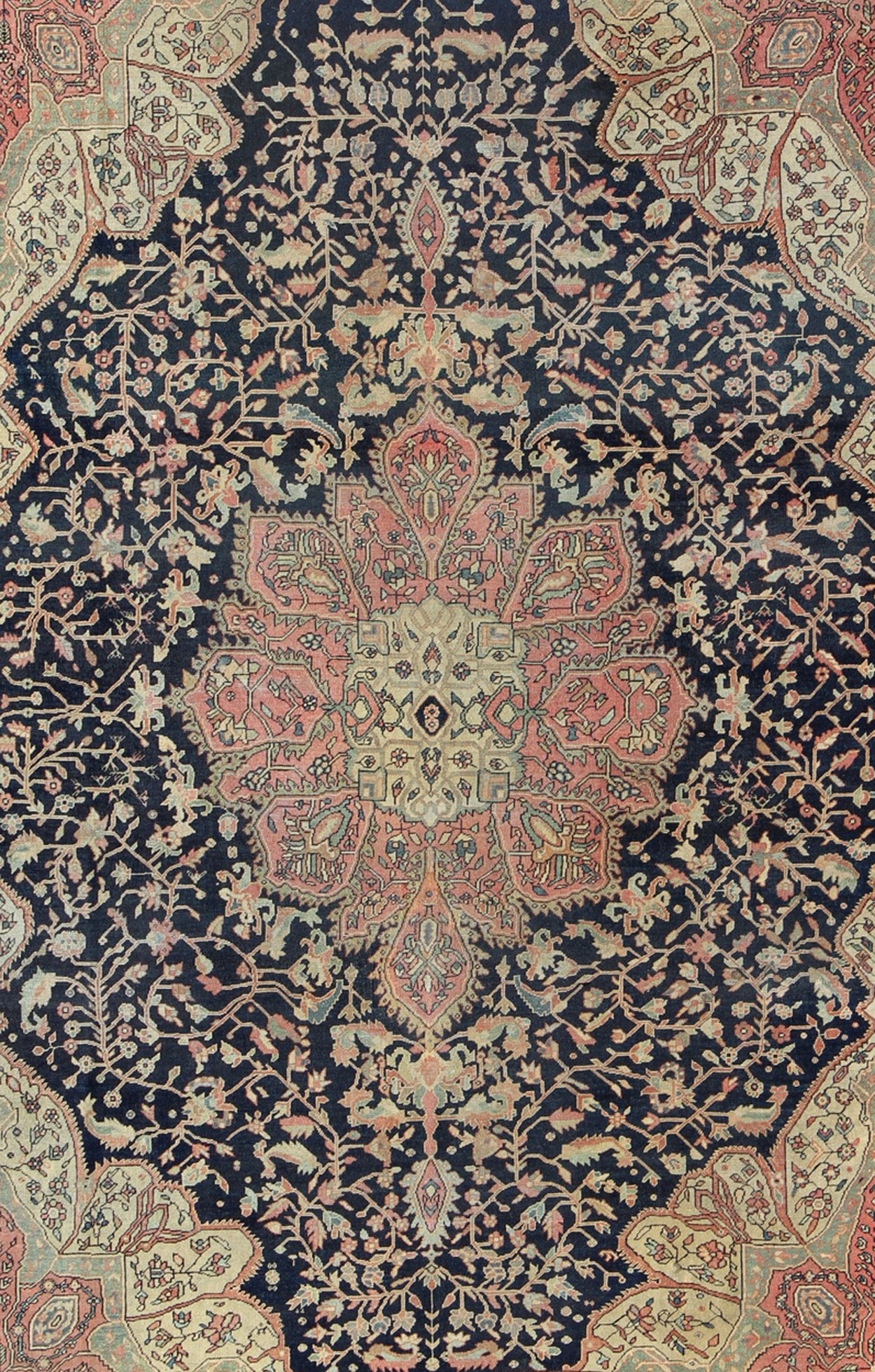 Antique Sarouk Farahan with Floral Motifs in Salmon, Green, Beige and Navy Blue. Keivan Woven Arts / rug / C - 1002, country of origin / type: Iran / Antique Persian Feraghan Sarouk , circa 1900. This outstanding antique Farahan Sarouk rug, from l... - Keivan Woven ArtsC - 1002 - 511Rug