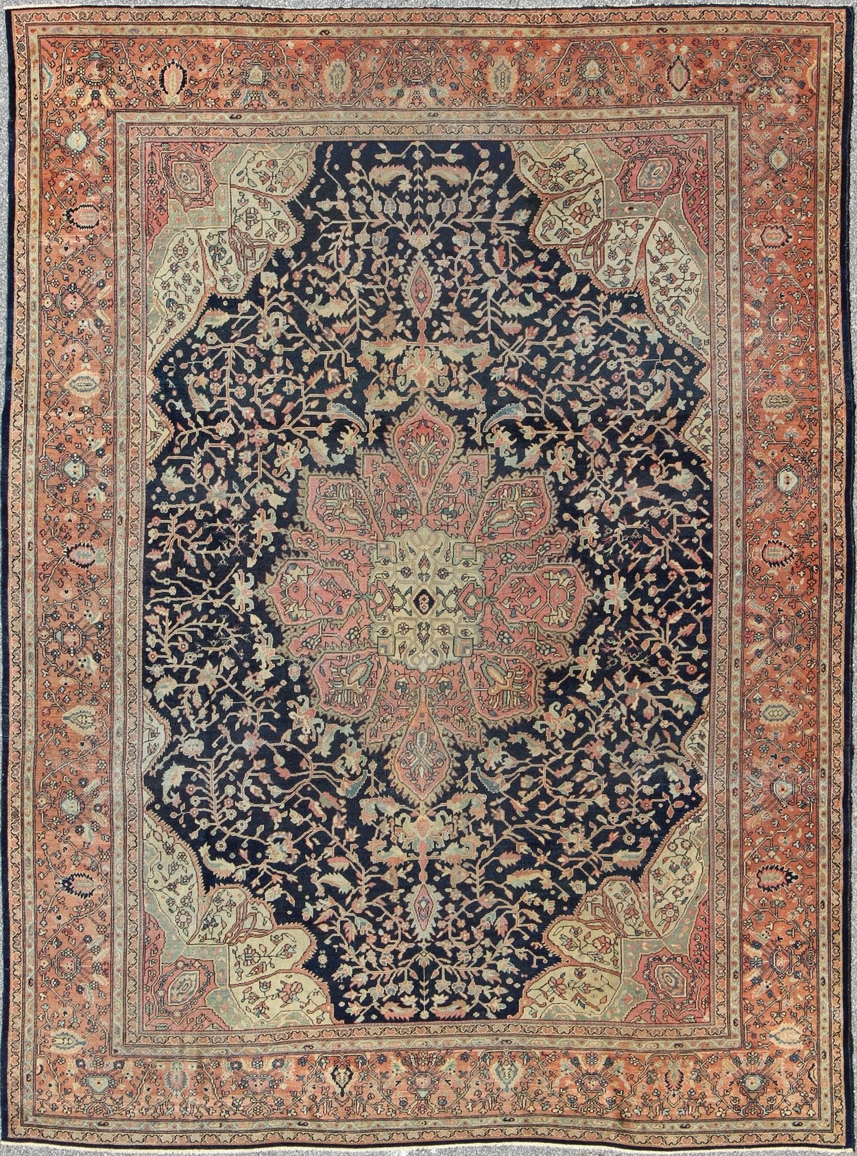 Antique Sarouk Farahan with Floral Motifs in Salmon, Green, Beige and Navy Blue. Keivan Woven Arts / rug / C - 1002, country of origin / type: Iran / Antique Persian Feraghan Sarouk , circa 1900. This outstanding antique Farahan Sarouk rug, from l... - Keivan Woven ArtsC - 1002 - 511Rug