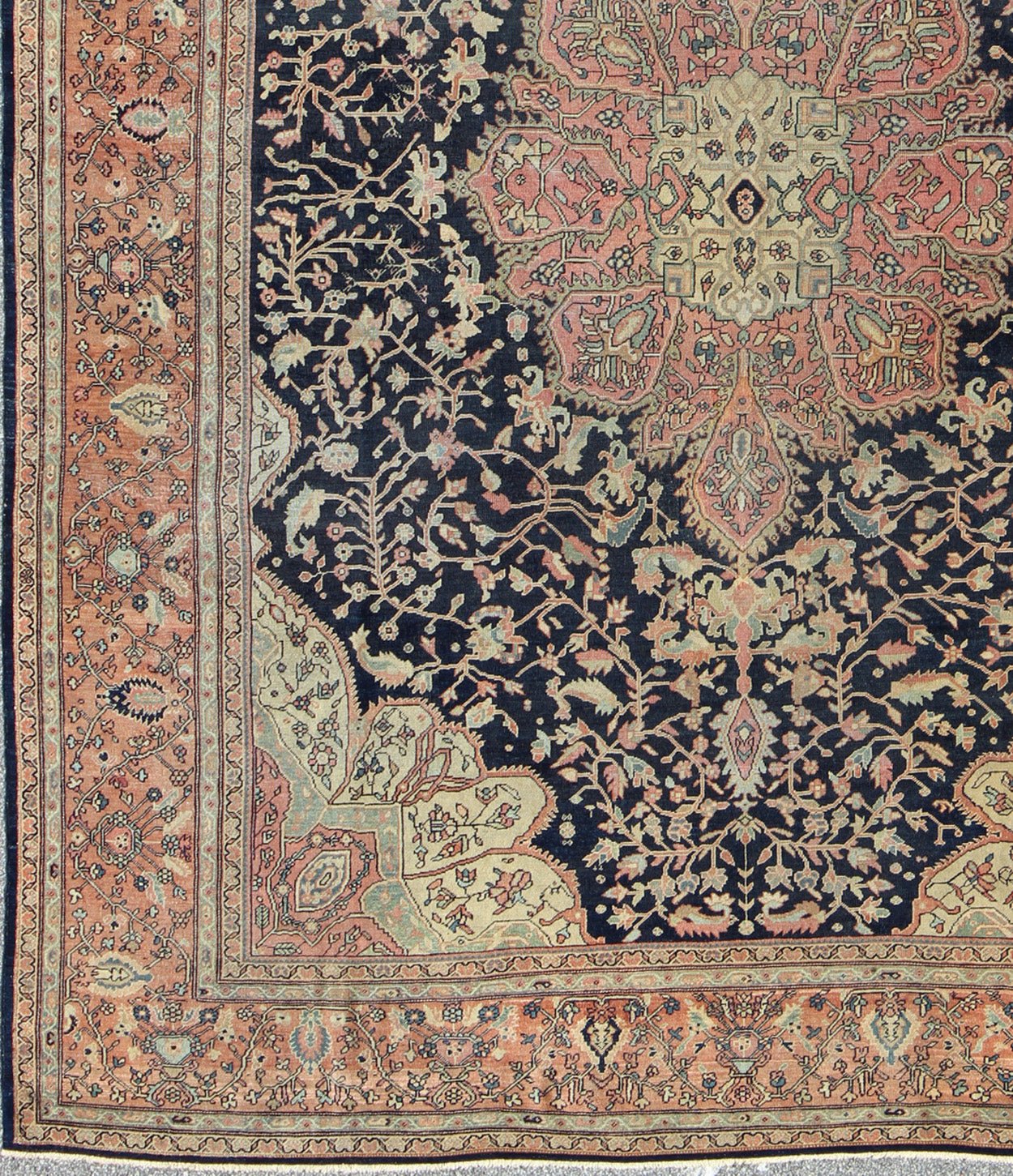 Antique Sarouk Farahan with Floral Motifs in Salmon, Green, Beige and Navy Blue. Keivan Woven Arts / rug / C - 1002, country of origin / type: Iran / Antique Persian Feraghan Sarouk , circa 1900. This outstanding antique Farahan Sarouk rug, from l... - Keivan Woven ArtsC - 1002 - 511Rug