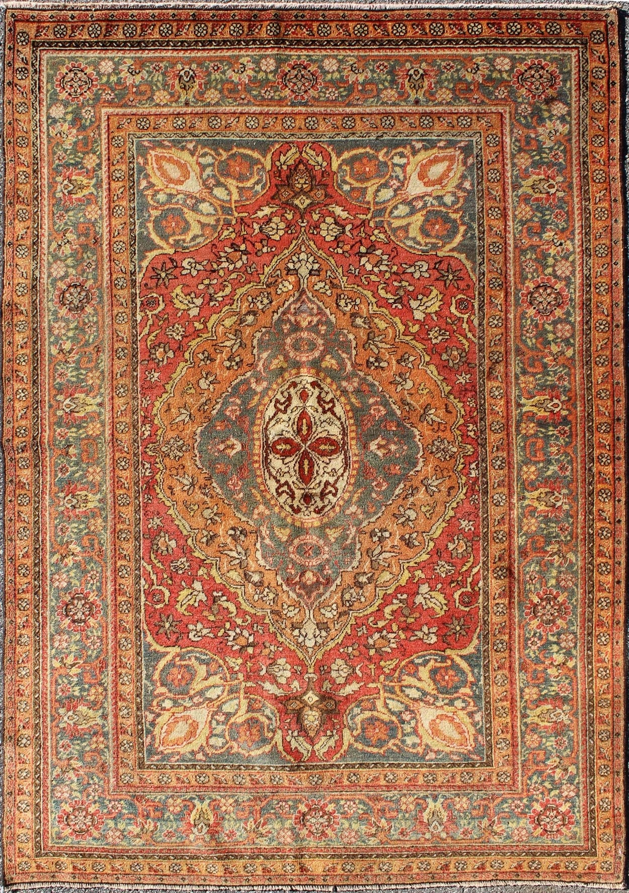 Antique Turkish Sivas Rug with Multi - Layered Medallion In Red, Teal & Orange, rug ca - 246, country of origin / type: Turkey / Oushak, circa mid - 20th century Keivan Woven Arts This sublime and enchanting vintage rug a gorgeous Sivas rug made in T... - Keivan Woven ArtsCA - 246 - 2109Rug