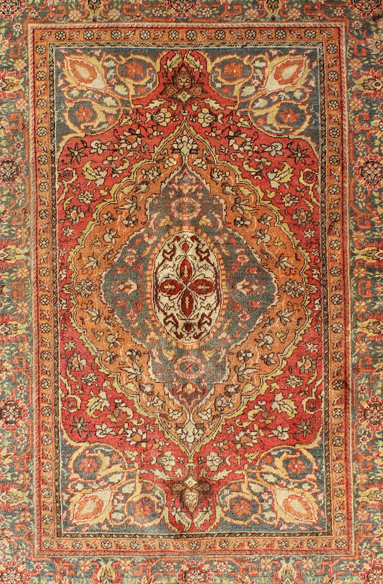 Antique Turkish Sivas Rug with Multi - Layered Medallion In Red, Teal & Orange, rug ca - 246, country of origin / type: Turkey / Oushak, circa mid - 20th century Keivan Woven Arts This sublime and enchanting vintage rug a gorgeous Sivas rug made in T... - Keivan Woven ArtsCA - 246 - 2109Rug