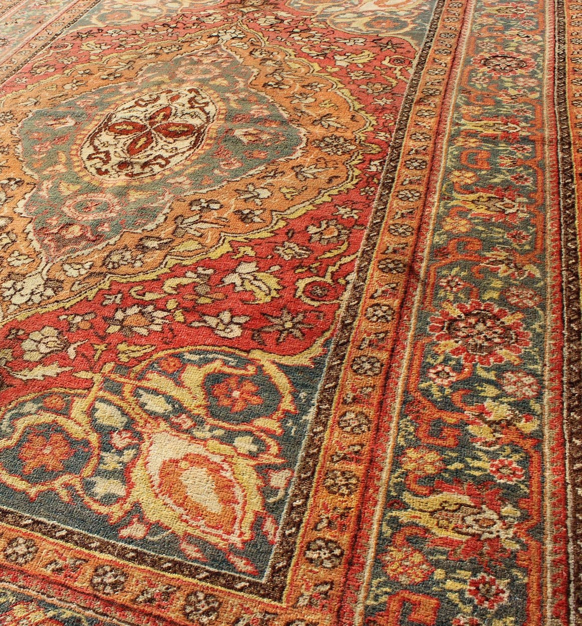 Antique Turkish Sivas Rug with Multi - Layered Medallion In Red, Teal & Orange, rug ca - 246, country of origin / type: Turkey / Oushak, circa mid - 20th century Keivan Woven Arts This sublime and enchanting vintage rug a gorgeous Sivas rug made in T... - Keivan Woven ArtsCA - 246 - 2109Rug