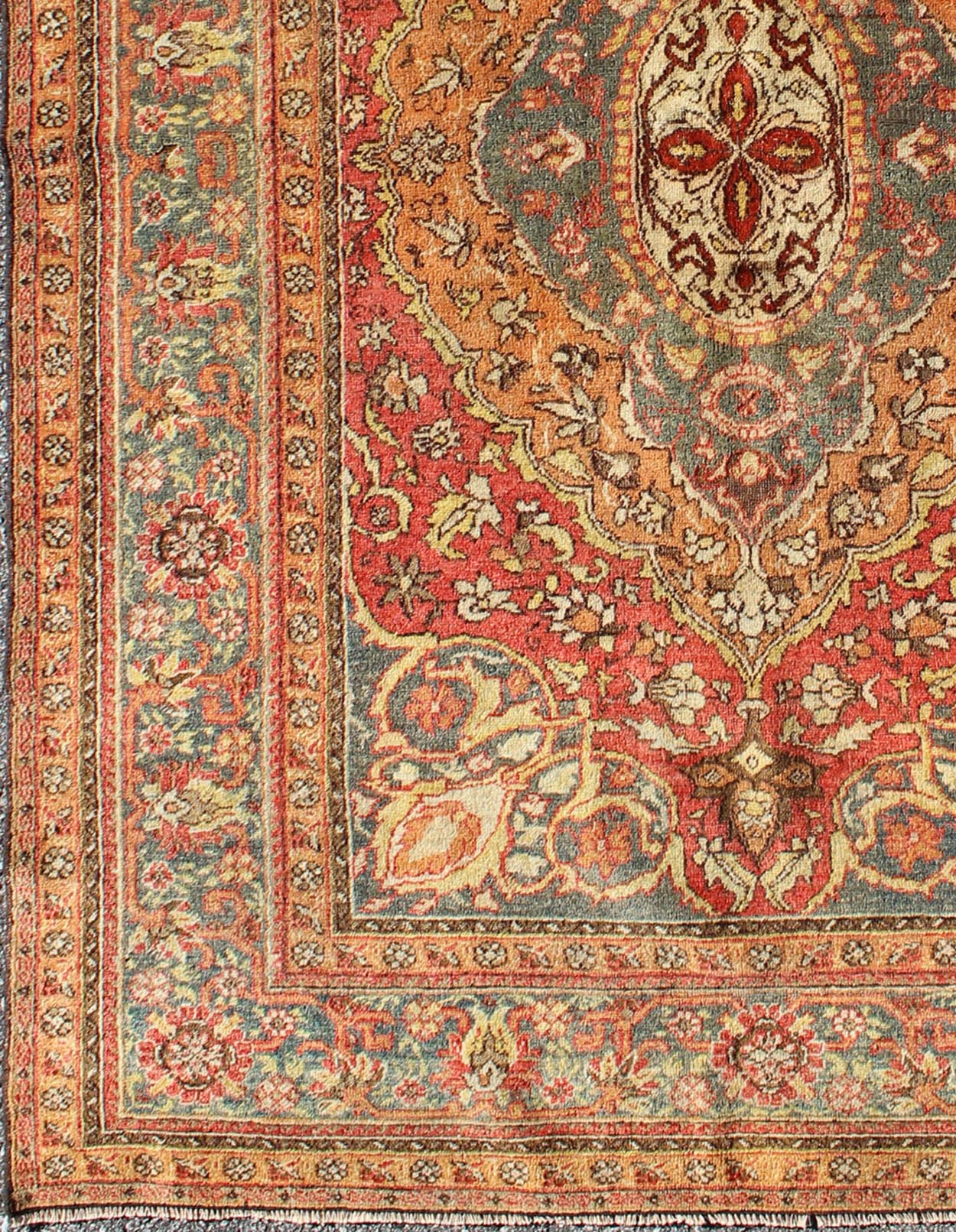 Antique Turkish Sivas Rug with Multi - Layered Medallion In Red, Teal & Orange, rug ca - 246, country of origin / type: Turkey / Oushak, circa mid - 20th century Keivan Woven Arts This sublime and enchanting vintage rug a gorgeous Sivas rug made in T... - Keivan Woven ArtsCA - 246 - 2109Rug