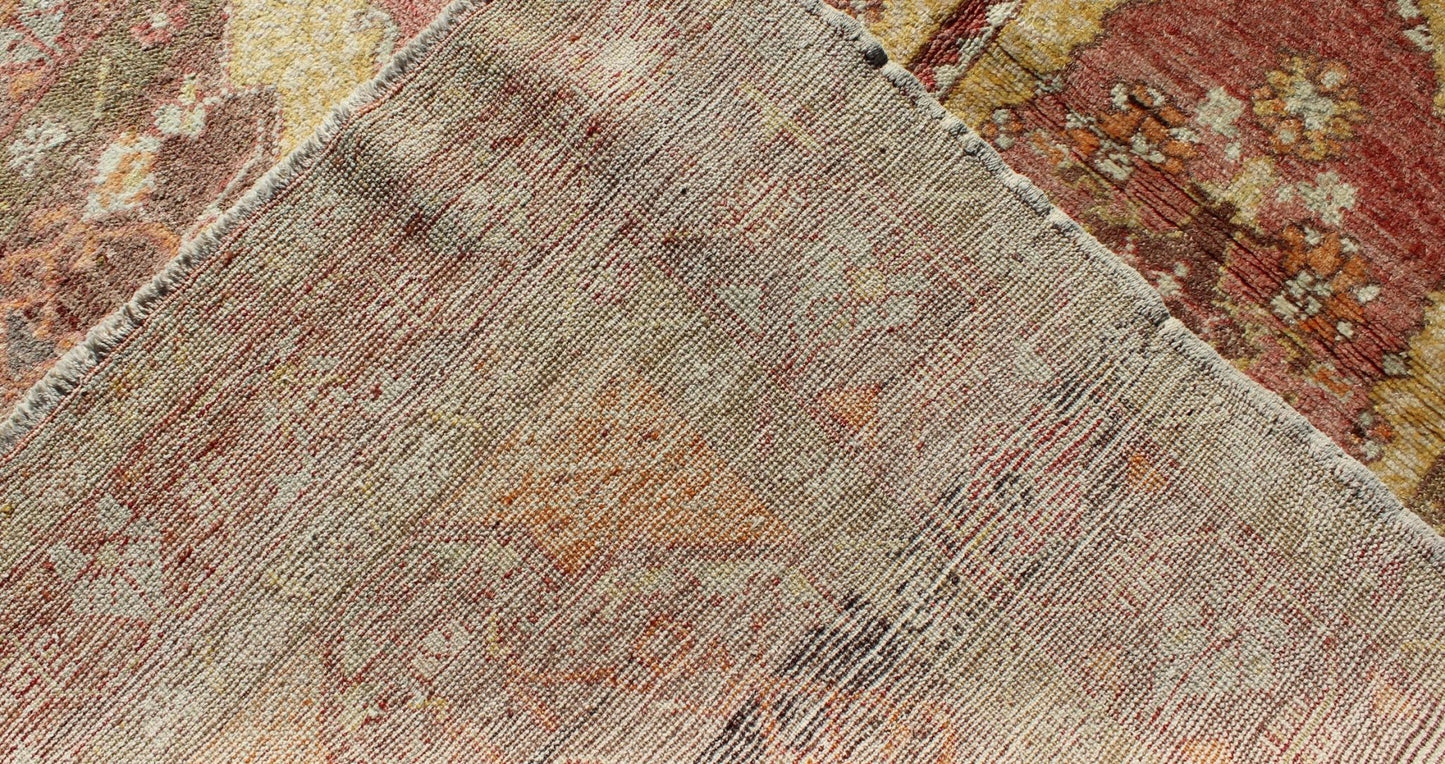 Oushak Rug with Two Medallion Panels in Yellow, Brown, Orange and Soft Red Unique midcentury Turkish Oushak rug with two medallion panels in yellow, brown, orange and soft red, Keivan Woven Arts / rug CA - 92941, country of origin / type: Turkey /... - Keivan Woven ArtsCA - 92941 - A - 996Rug