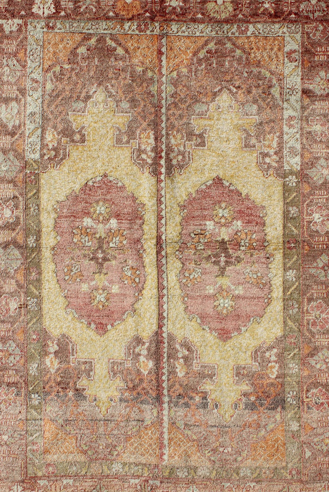 Oushak Rug with Two Medallion Panels in Yellow, Brown, Orange and Soft Red Unique midcentury Turkish Oushak rug with two medallion panels in yellow, brown, orange and soft red, Keivan Woven Arts / rug CA - 92941, country of origin / type: Turkey /... - Keivan Woven ArtsCA - 92941 - A - 996Rug