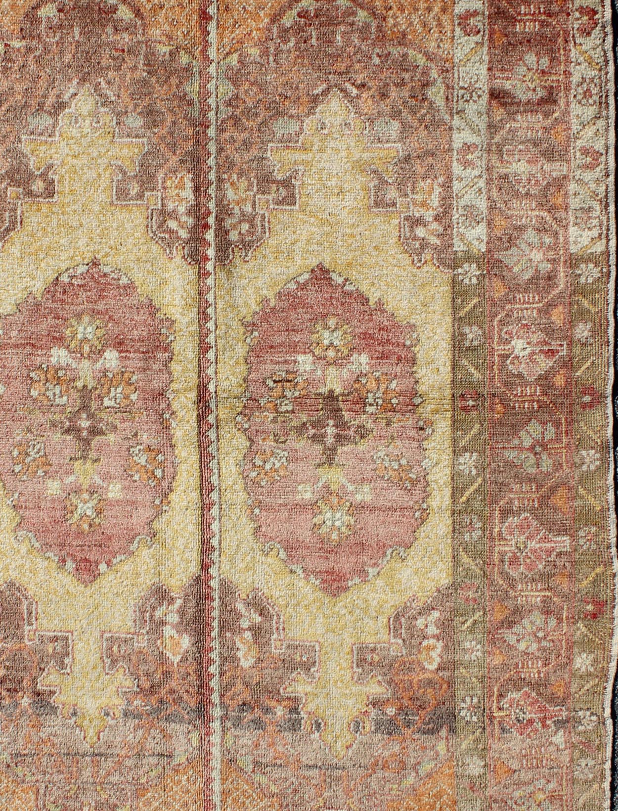 Oushak Rug with Two Medallion Panels in Yellow, Brown, Orange and Soft Red Unique midcentury Turkish Oushak rug with two medallion panels in yellow, brown, orange and soft red, Keivan Woven Arts / rug CA - 92941, country of origin / type: Turkey /... - Keivan Woven ArtsCA - 92941 - A - 996Rug