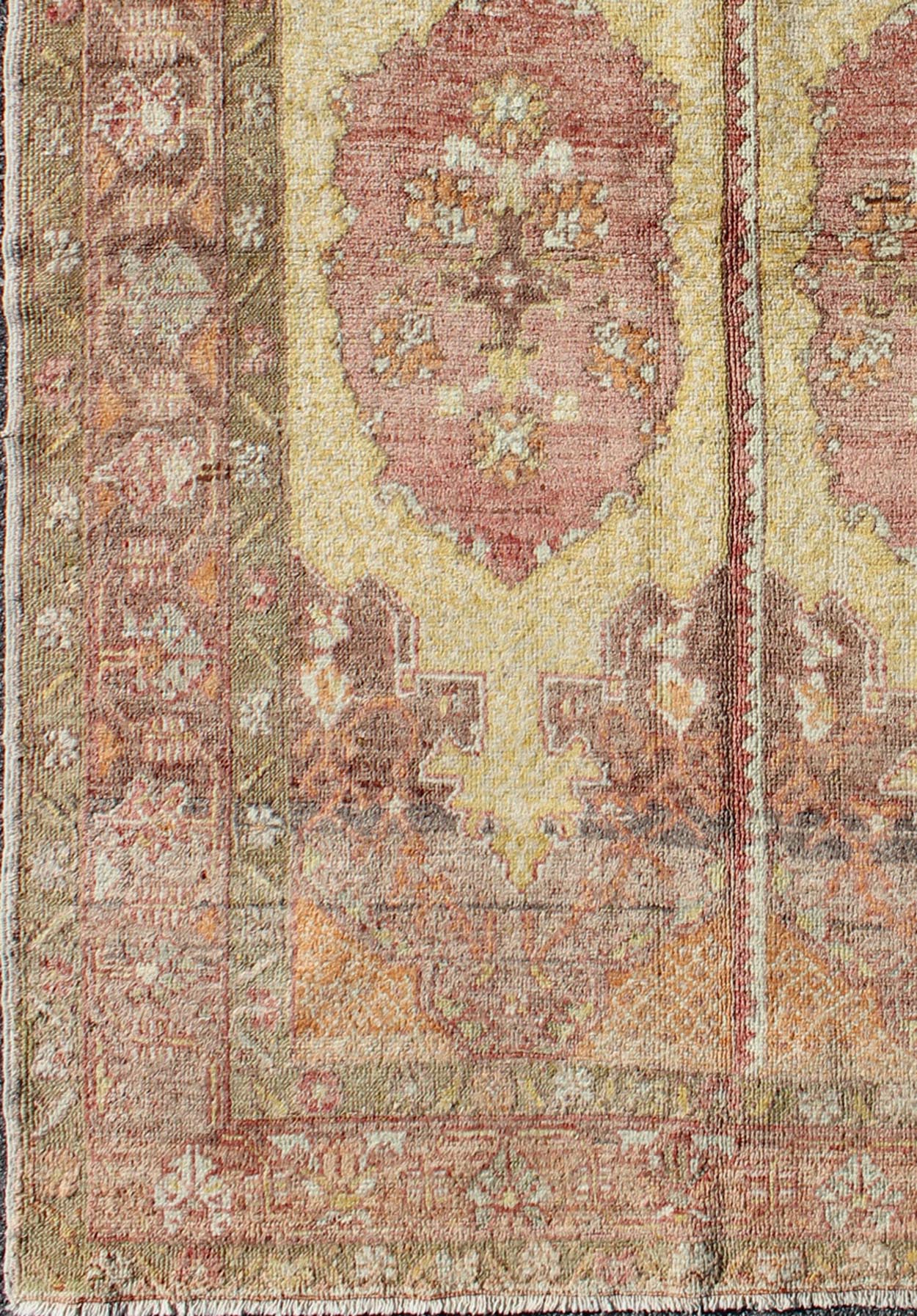 Oushak Rug with Two Medallion Panels in Yellow, Brown, Orange and Soft Red Unique midcentury Turkish Oushak rug with two medallion panels in yellow, brown, orange and soft red, Keivan Woven Arts / rug CA - 92941, country of origin / type: Turkey /... - Keivan Woven ArtsCA - 92941 - A - 996Rug