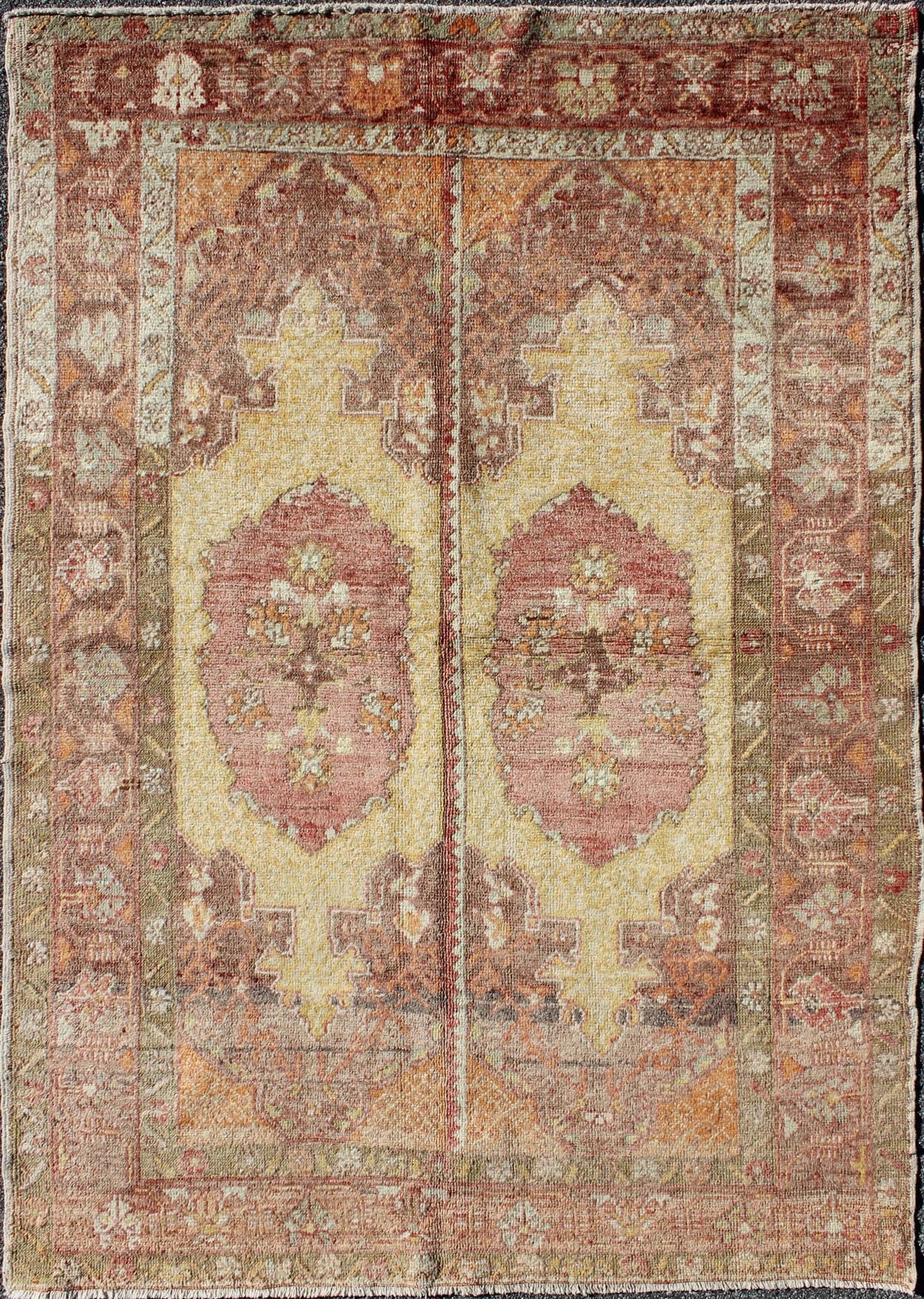 Oushak Rug with Two Medallion Panels in Yellow, Brown, Orange and Soft Red Unique midcentury Turkish Oushak rug with two medallion panels in yellow, brown, orange and soft red, Keivan Woven Arts / rug CA - 92941, country of origin / type: Turkey /... - Keivan Woven ArtsCA - 92941 - A - 996Rug