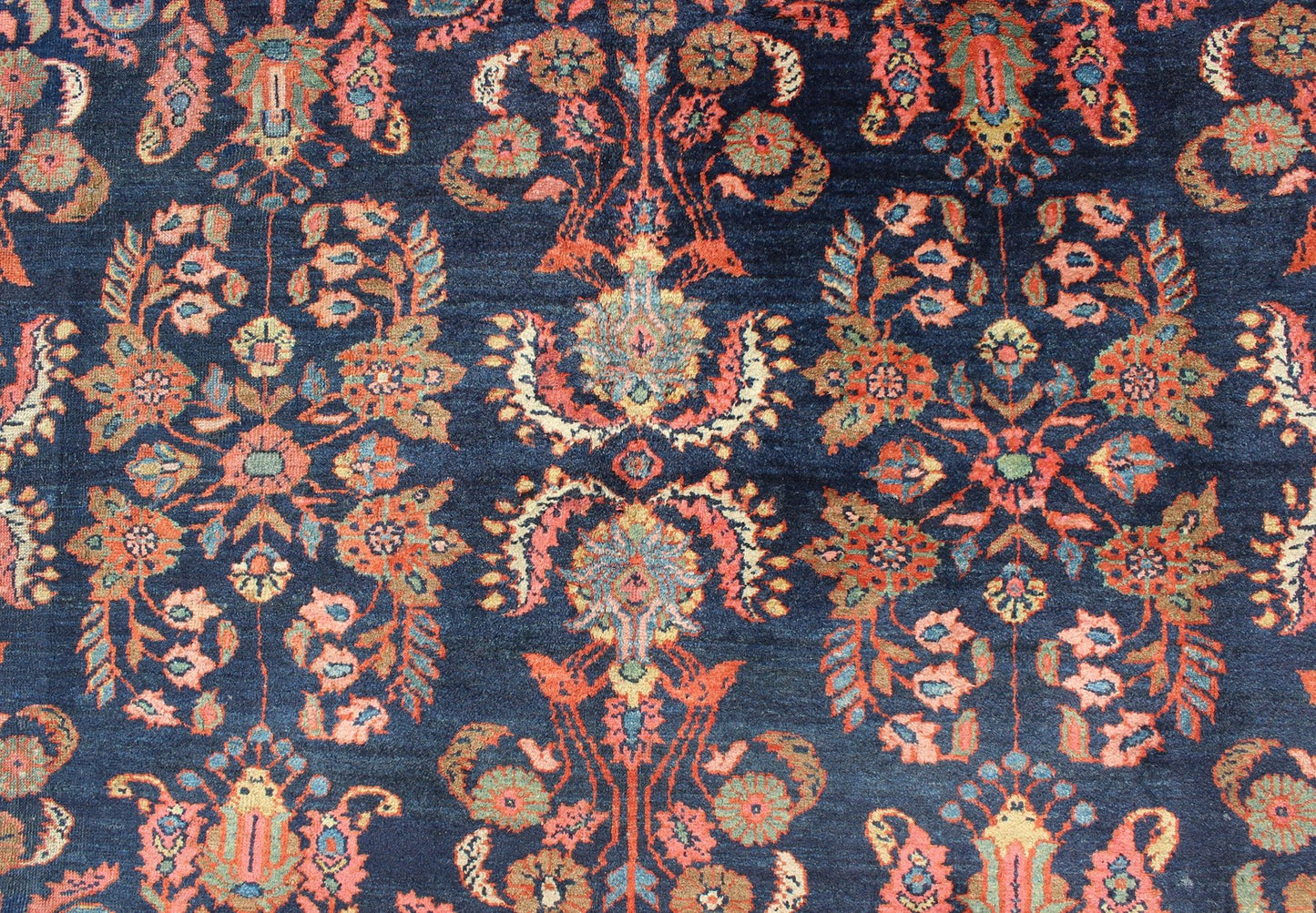 Antique Mahal Rug with Dark Blue Field & Coral Red Border Filled with Floral Motifs. Antique Mahal with Floral design. Keivan Woven Arts / rug CAM - B59, country of origin / type: Iran / Mahal/Sultanabad , circa 1920. Measures: 8 x 11'0. T... - Keivan Woven ArtsCAM - B59 - 736Rug