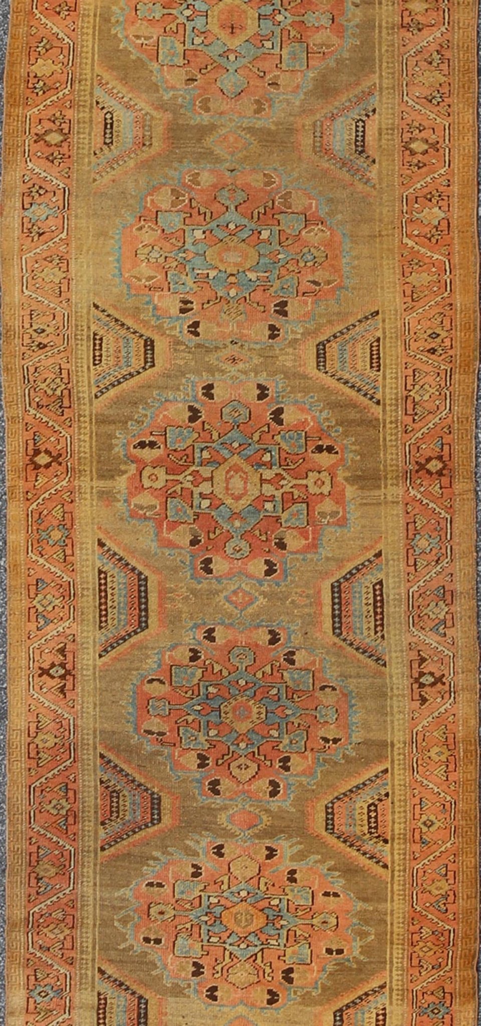 Early 20th Century Antique Oushak Runner with Medallions in Sand, Pink and Blue, rug chm - 2306, country of origin / type: Turkey / Oushak, circa 1920 This compelling and unique Oushak runner was made in the early 20th century, circa 1920, in Turk... - Keivan Woven ArtsCHM - 2306 - 1442Rug