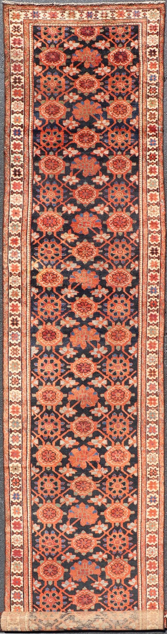 Antique Persian Malayer Runner With Reds and Oranges on a Navy Blue Background Antique Malayer runner from Persia with floral all - over design. Keivan Woven Arts / rug D - 0510, country of origin / type: Iran / Malayer, circa 1920. This anti... - Keivan Woven ArtsD - 0510 - 267Rug