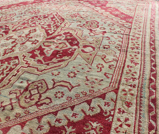 Antique Turkish Ghiordes, 19th Century Oushak Rug in Raspberry Red, Ice Blue & L. Green and geometric medallion, corners and borders Antique Turkish Ghiordes Rug, Keivan Woven Arts/rug/ D - 0904, country of origin / type: Turkey / Ghiordes Oushak... - Keivan Woven ArtsD - 0904 - 655
