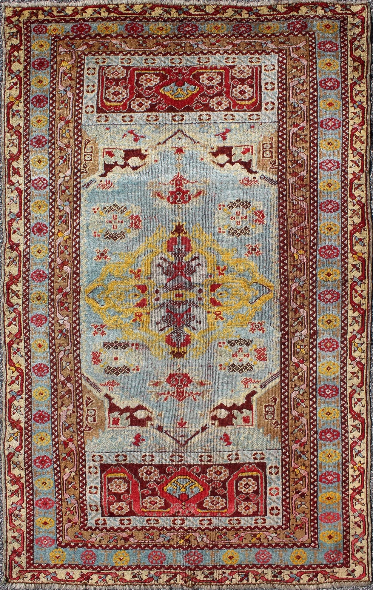 Antique Turkish Oushak Rug with Vibrant Color Palette, Medallion Design. Measures: 3'3 x 5'5 Antique Turkish Oushak Rug in Light Blue Background and Border. Keivan Woven Arts/ rug/D - 0925, Origin/Turkey, Oushak antique rug, Antique Oushak... - Keivan Woven ArtsD - 0925 - 2149Rug