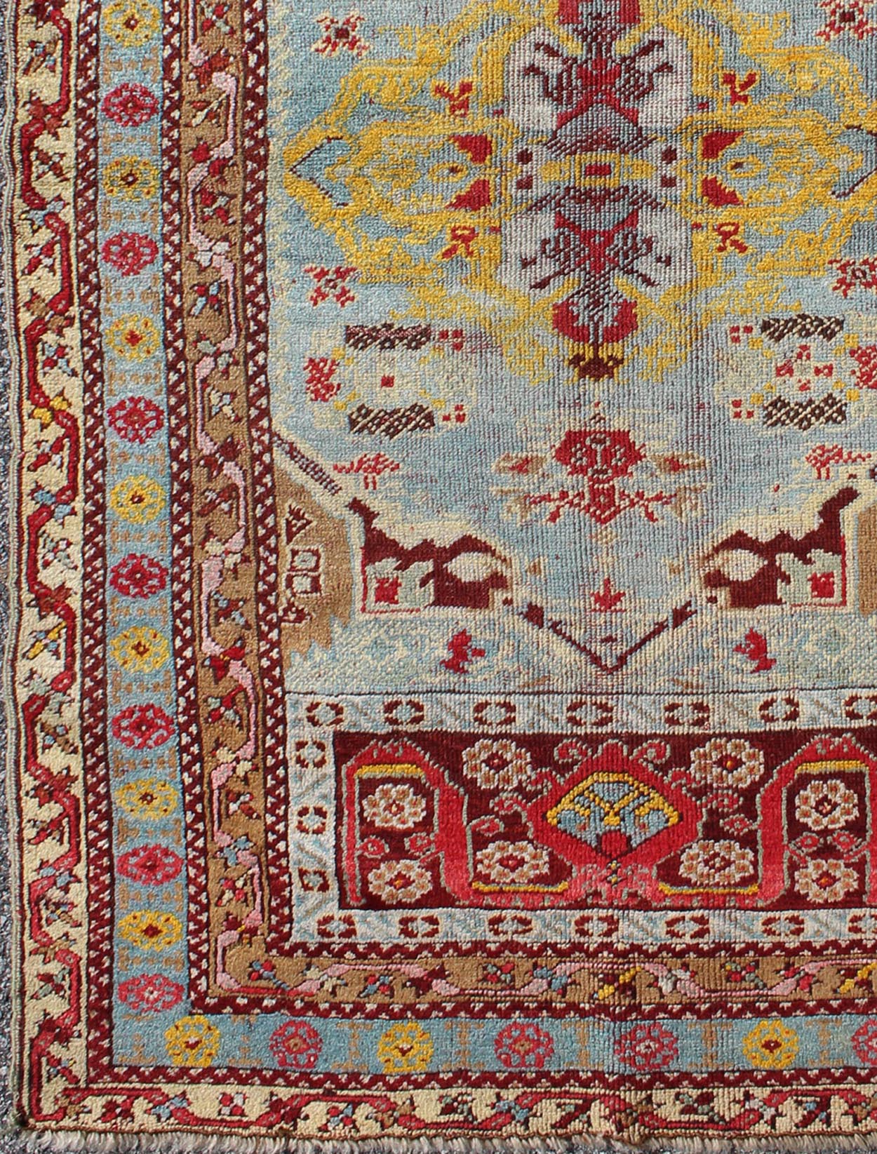 Antique Turkish Oushak Rug with Vibrant Color Palette, Medallion Design. Measures: 3'3 x 5'5 Antique Turkish Oushak Rug in Light Blue Background and Border. Keivan Woven Arts/ rug/D - 0925, Origin/Turkey, Oushak antique rug, Antique Oushak... - Keivan Woven ArtsD - 0925 - 2149Rug